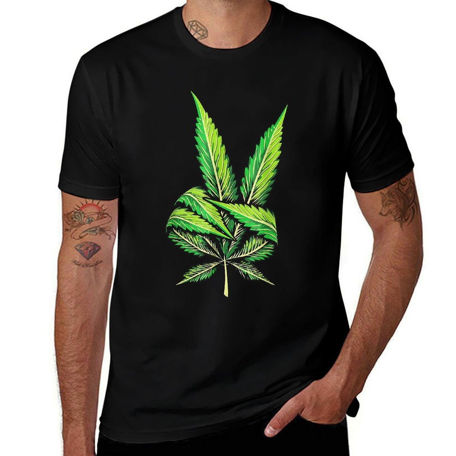Weed Leaf Marijuana Leaf Hand Peace Sign Hand 420 Cannabis  Eco-friendly Material T-Shirt