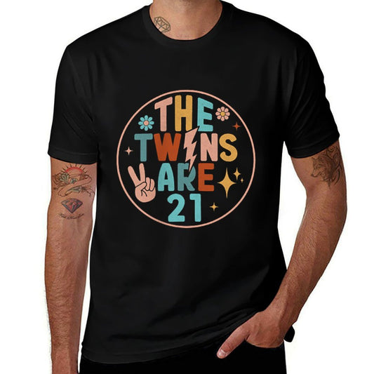 (2 SIDED) Twins 21st Birthday Party Groovy 21 Year Old Twin  Polyester Blend T-Shirt