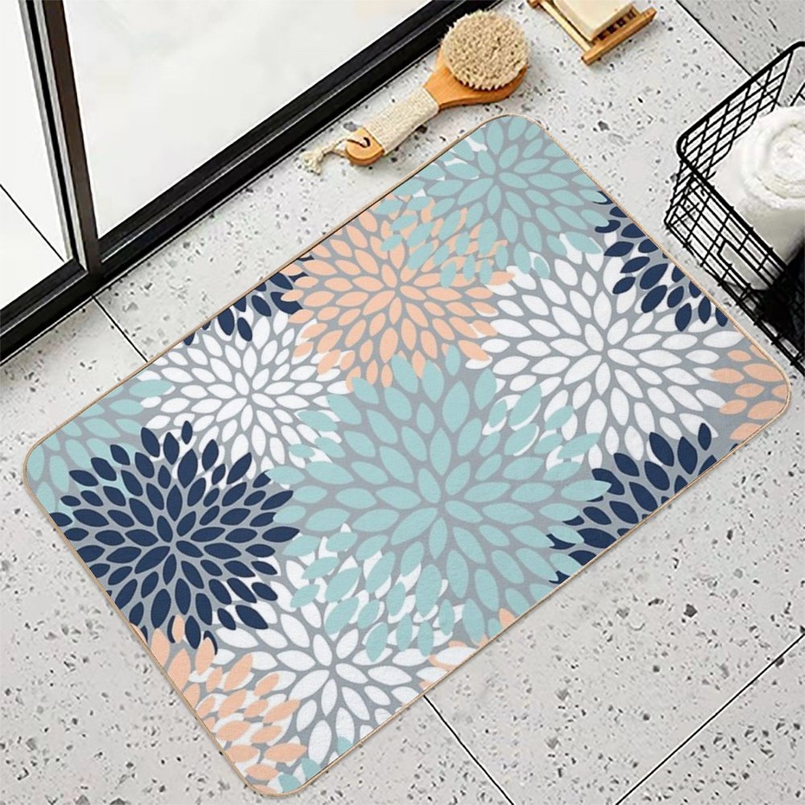 Floral Bloom, Navy, Peach, Aqua, Gray  Rapid-Drying Bath Mat