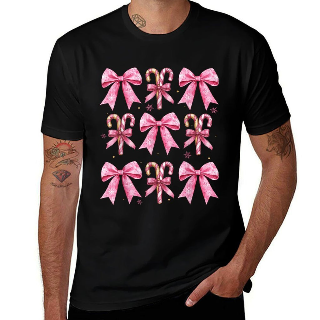 Cute Coquette Bow Candy Canes Christmas Pink Bow Girlsns  Tagless Design T-Shirt