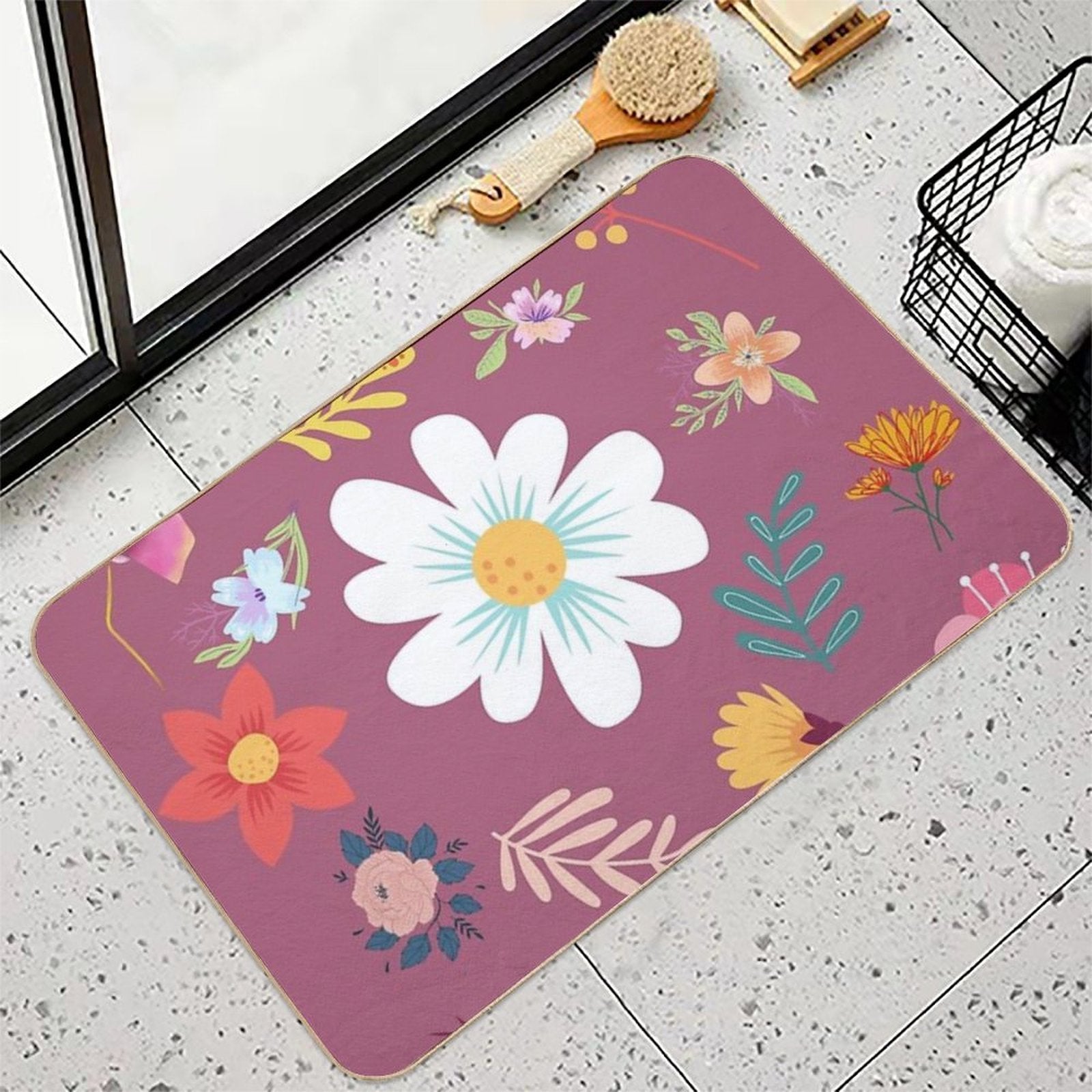 Random Floral Pattern 6 Tapestry Pink Background  Easy Maintenance Bath Mat