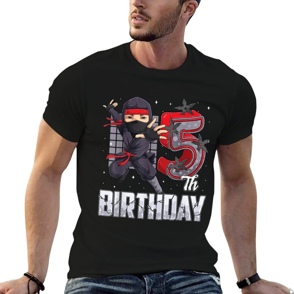 Ninja 5th Birthday Party Theme 5 Five Year Old Kids Boys  Summer-ready Fabric T-Shirt