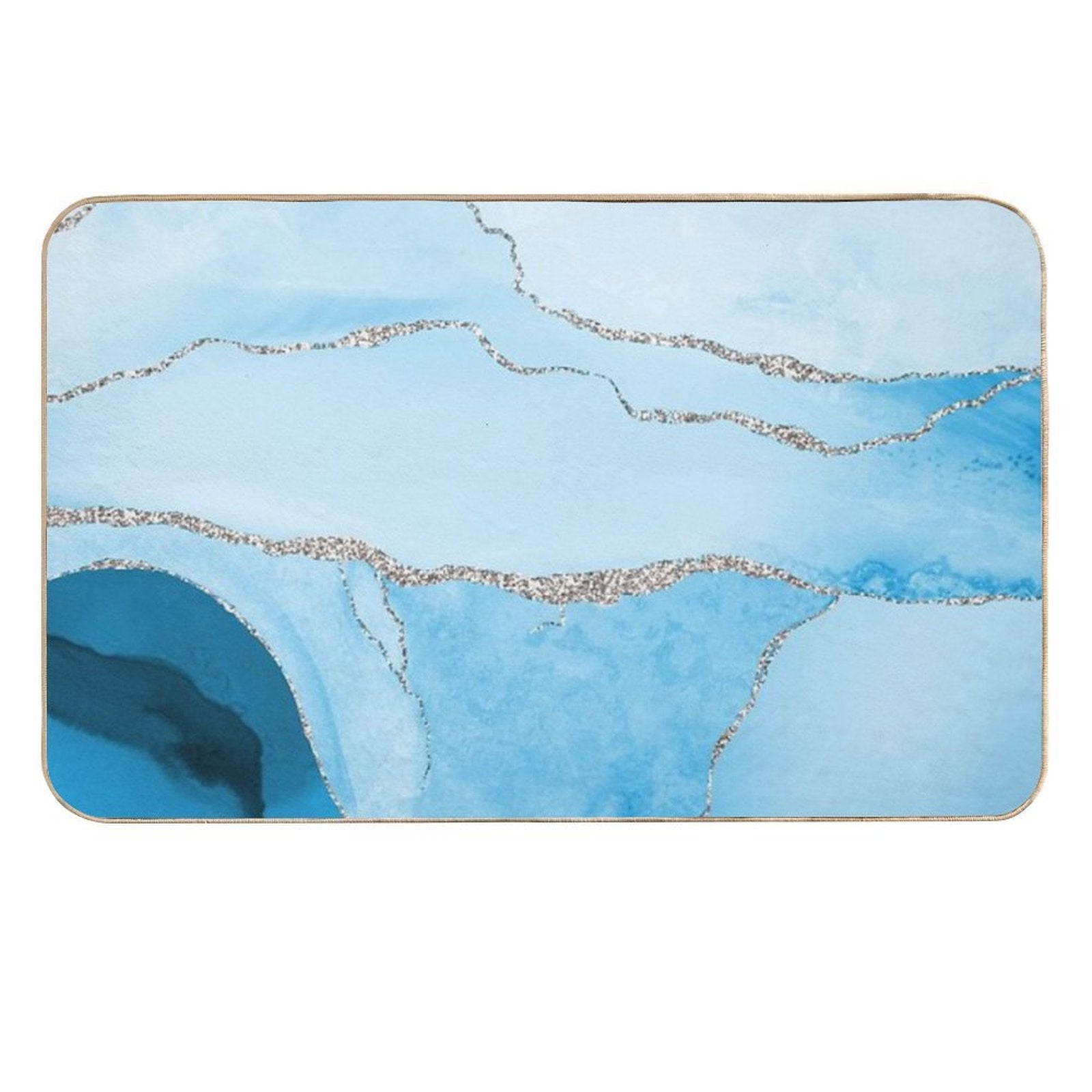 Watercolor Agate in Aqua Blue Faux Silver Veins  Easy To Clean Bath Mat