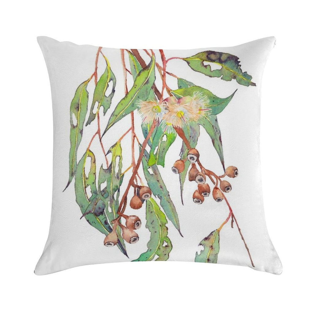 Watercolour Eucalyptus Tree Branch with White Flowers & Gumnuts. Soft Style Accent Throw Pillow