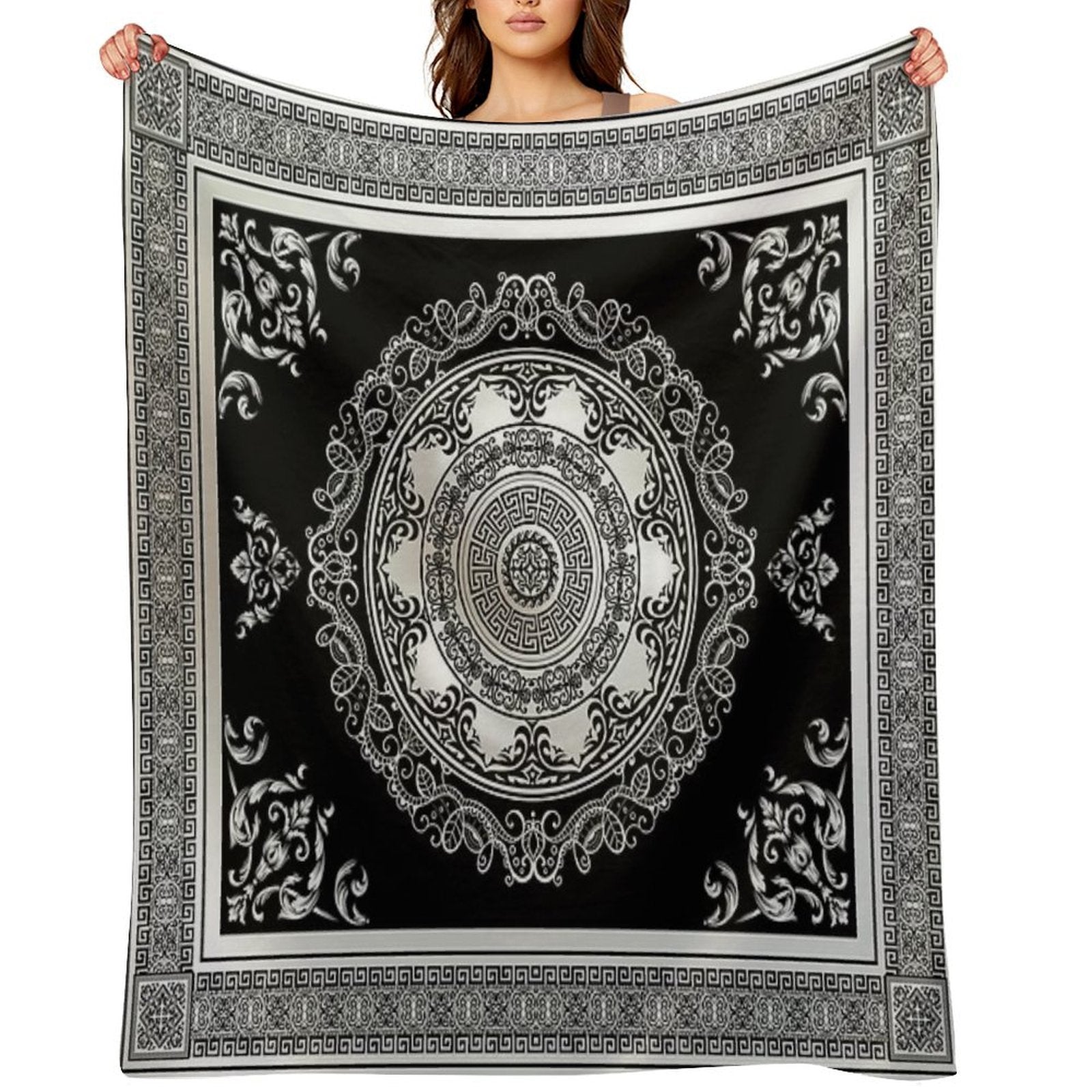Baroque Ornate Cream And Black Greek Key Compact Throw Blanket