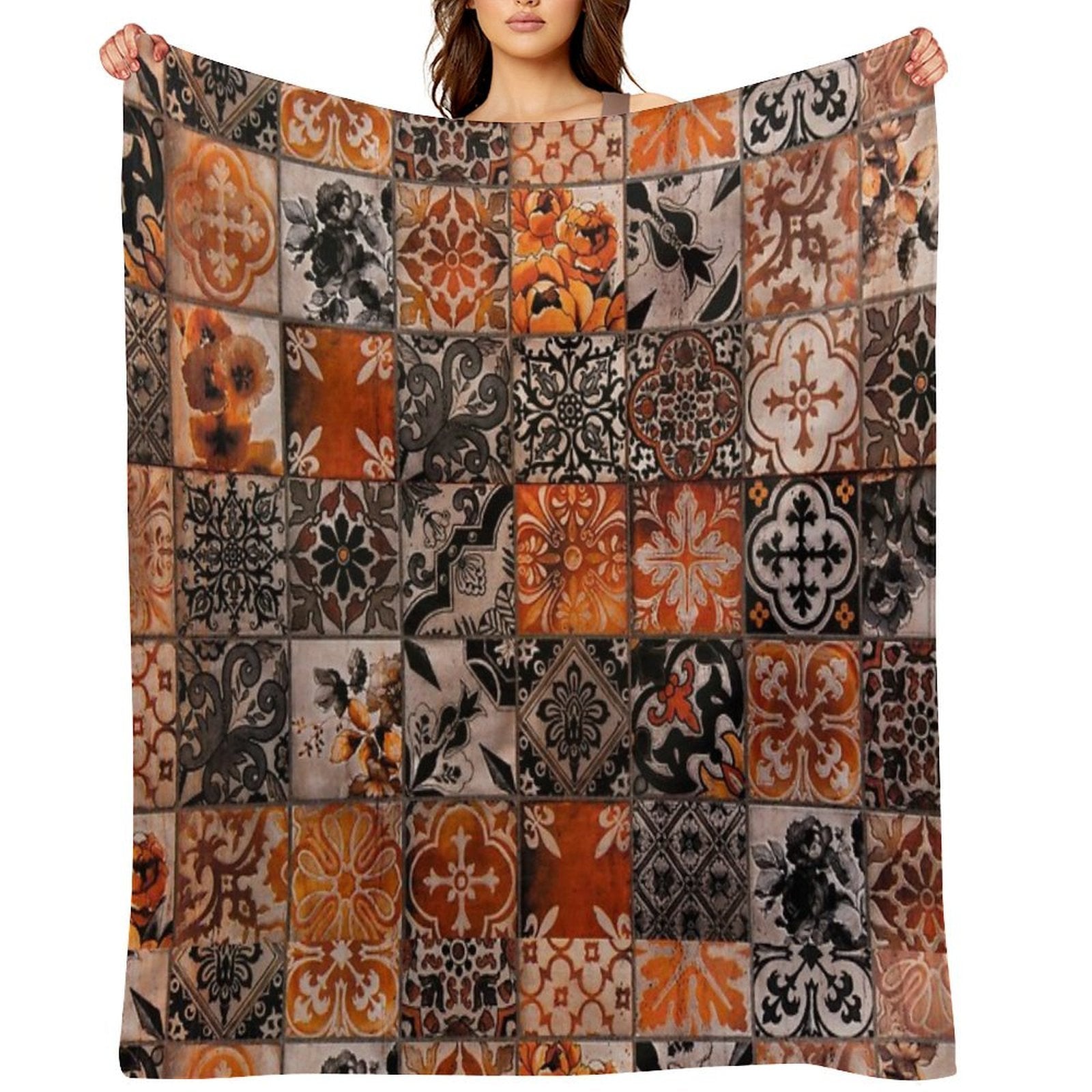 Orange Tiles Plush Throw Blanket