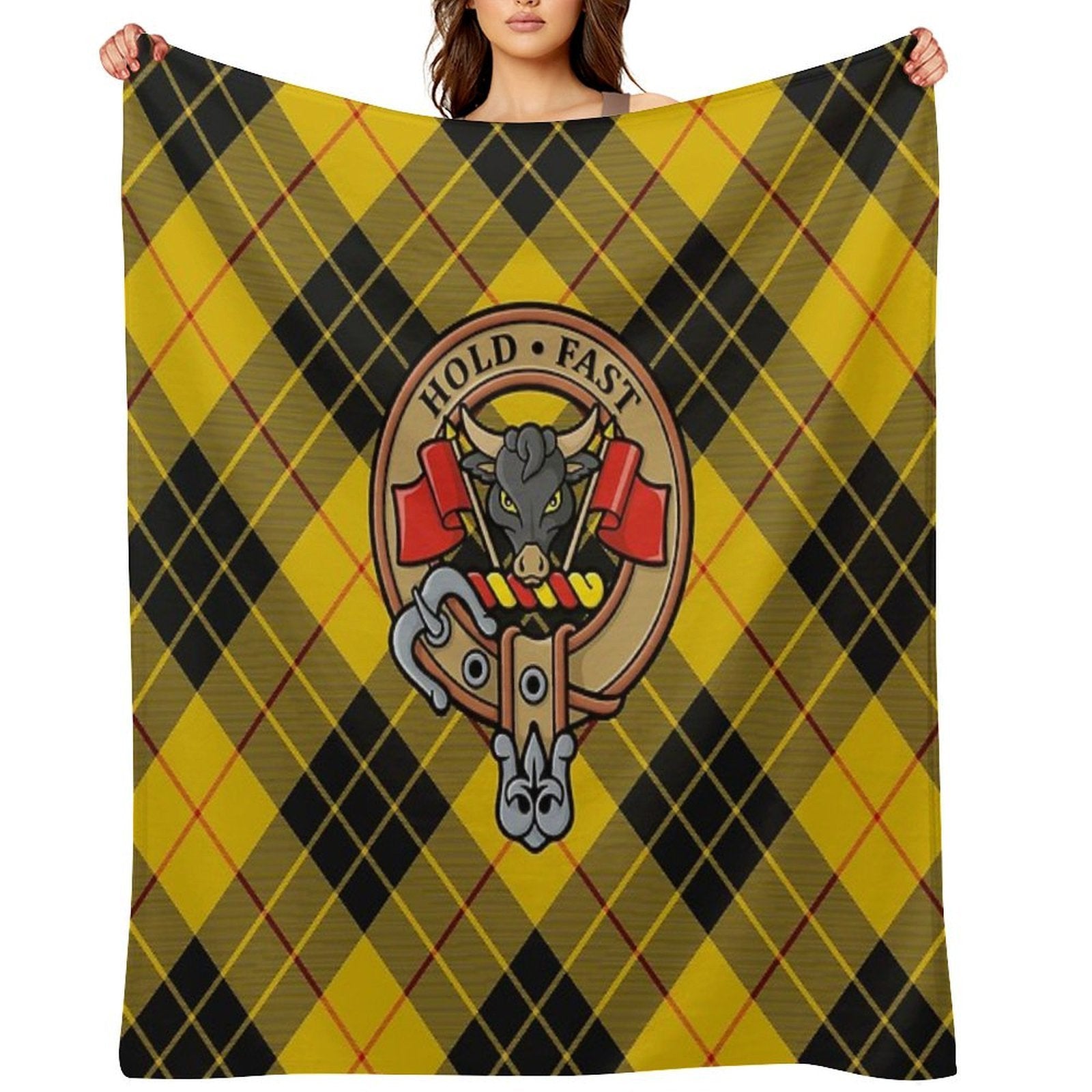 Clan MacLeod Crest over Yellow Tartan Premium Throw Blanket