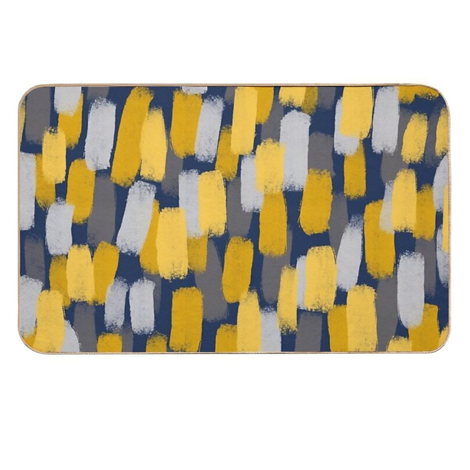 Abstract Grey And Mustard Yellow Paint Brush Effect on Navy Blue  Stain-Proof Bath Mat