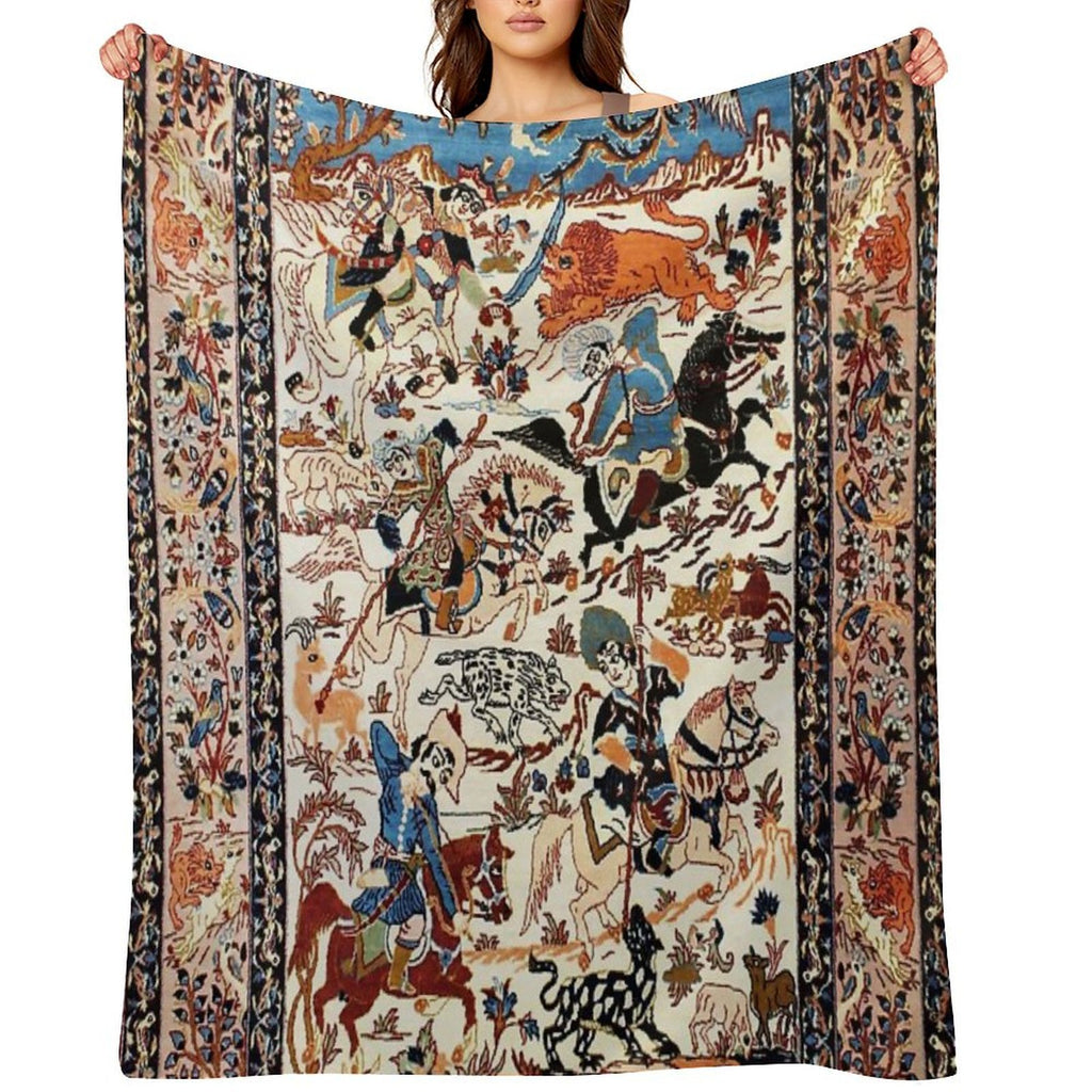 Blue Antique Persian Isfahan Silk Rug with Flowers Animals Print Quick-dry Throw Blanket