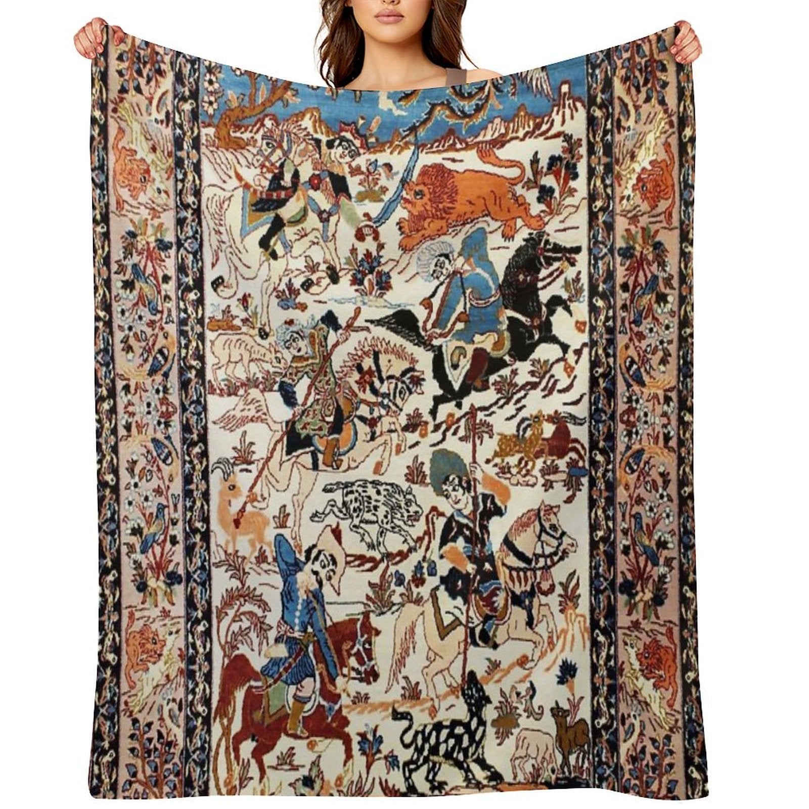 Blue Antique Persian Isfahan Silk Rug with Flowers Animals Print Quick-dry Throw Blanket