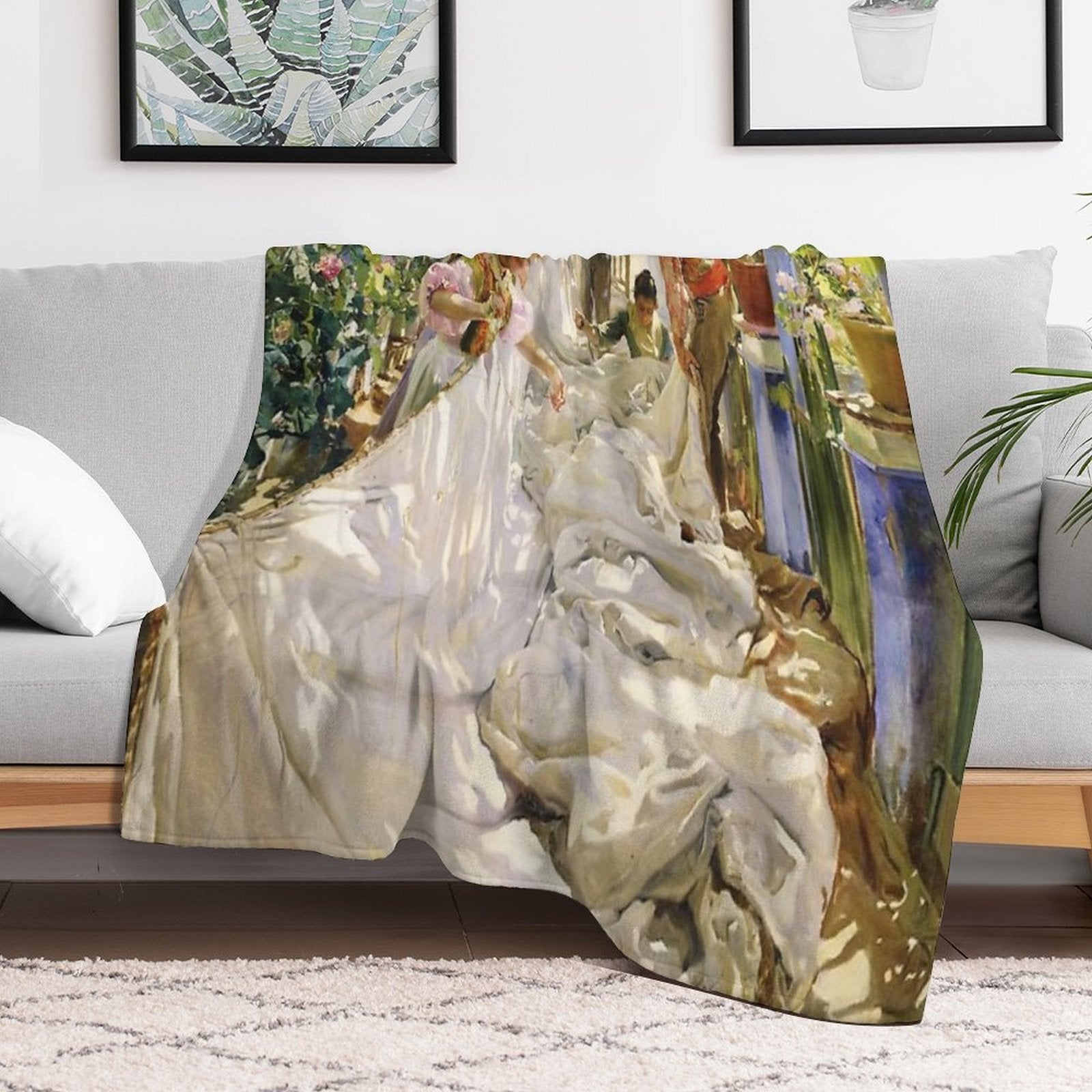 Joaquín Sorolla - Sewing The Sail Velvety-soft Throw Blanket