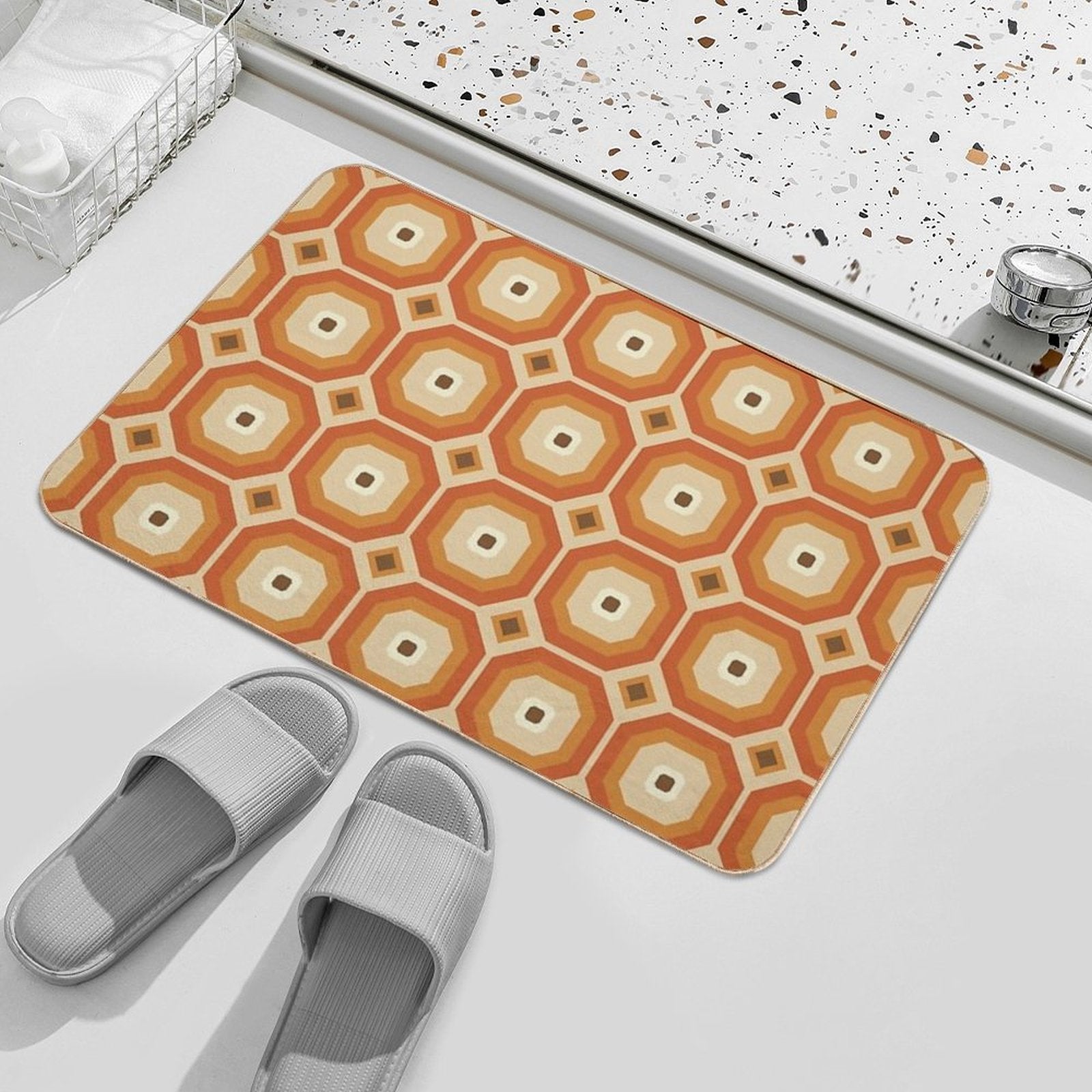 Brown, Orange And Ivory Geometric Retro Octagon Pattern  Easy To Clean Bath Mat