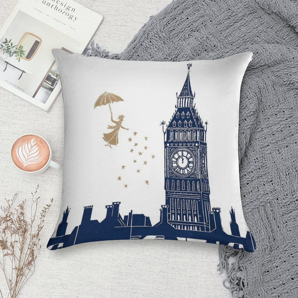 Mary Poppins And Big Ben Linocut Soft Shrink-Resistant Throw Pillow
