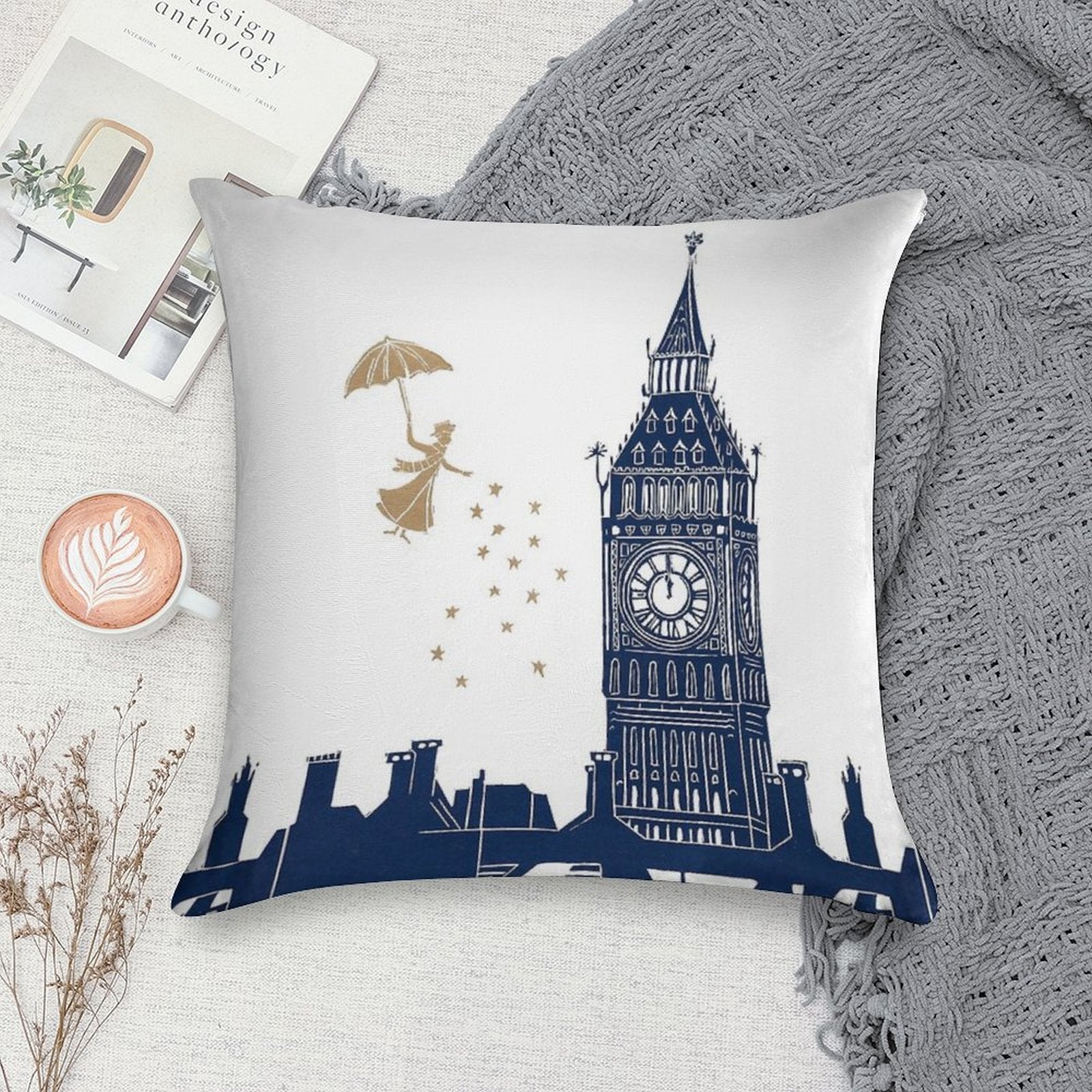 Mary Poppins And Big Ben Linocut Soft Shrink-Resistant Throw Pillow