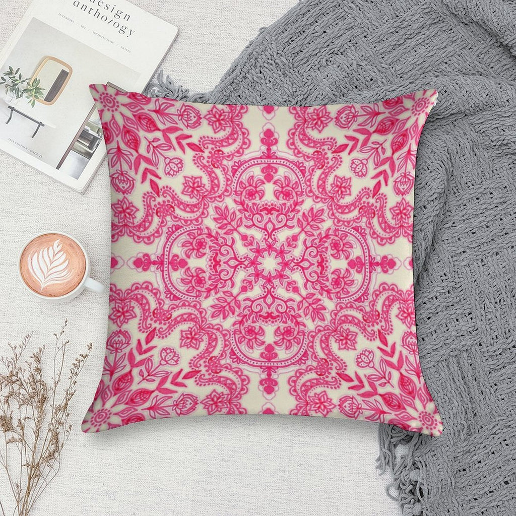Hot Pink & Soft Cream Folk Art Pattern Soft Warmth Comfort Throw Pillow