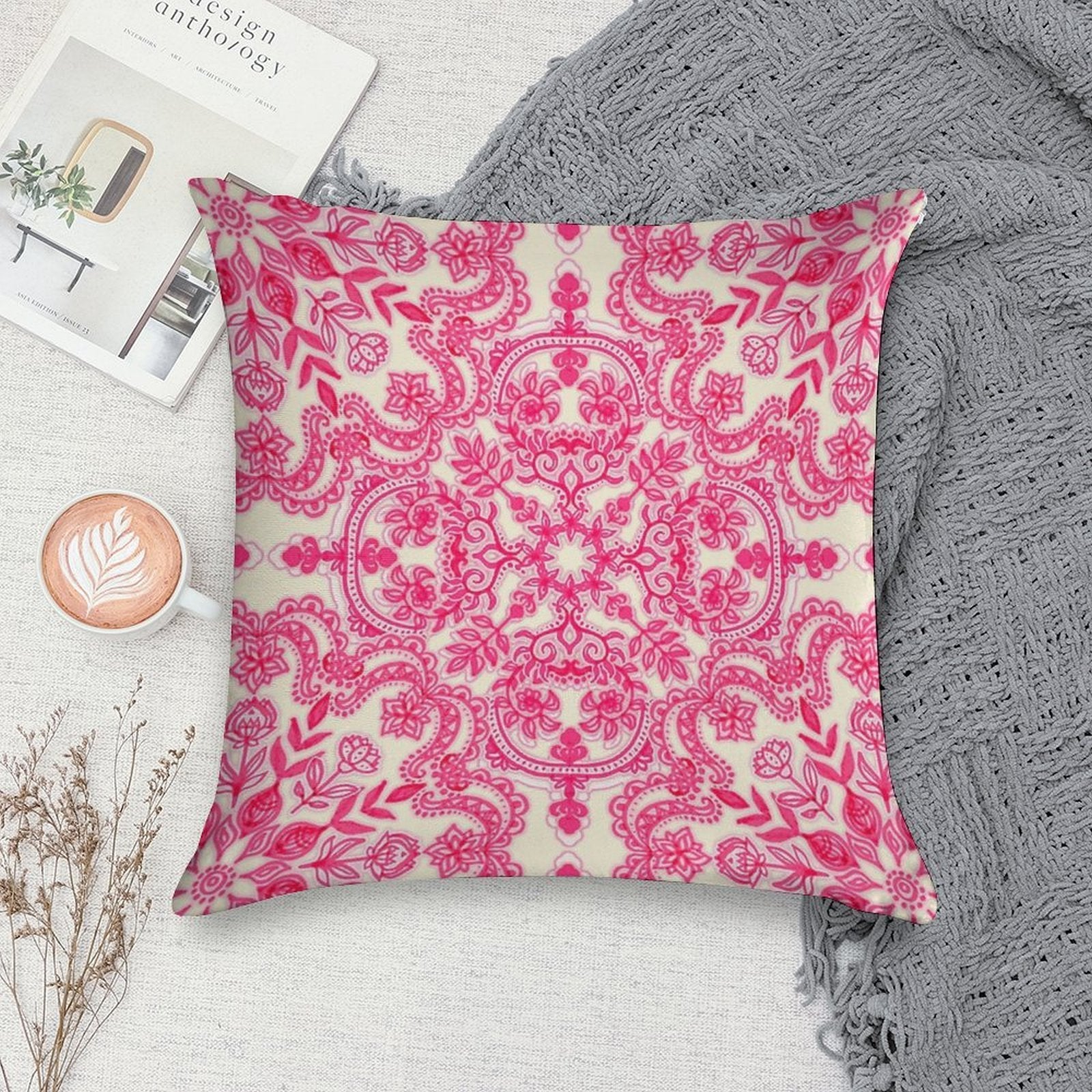 Hot Pink & Soft Cream Folk Art Pattern Soft Warmth Comfort Throw Pillow