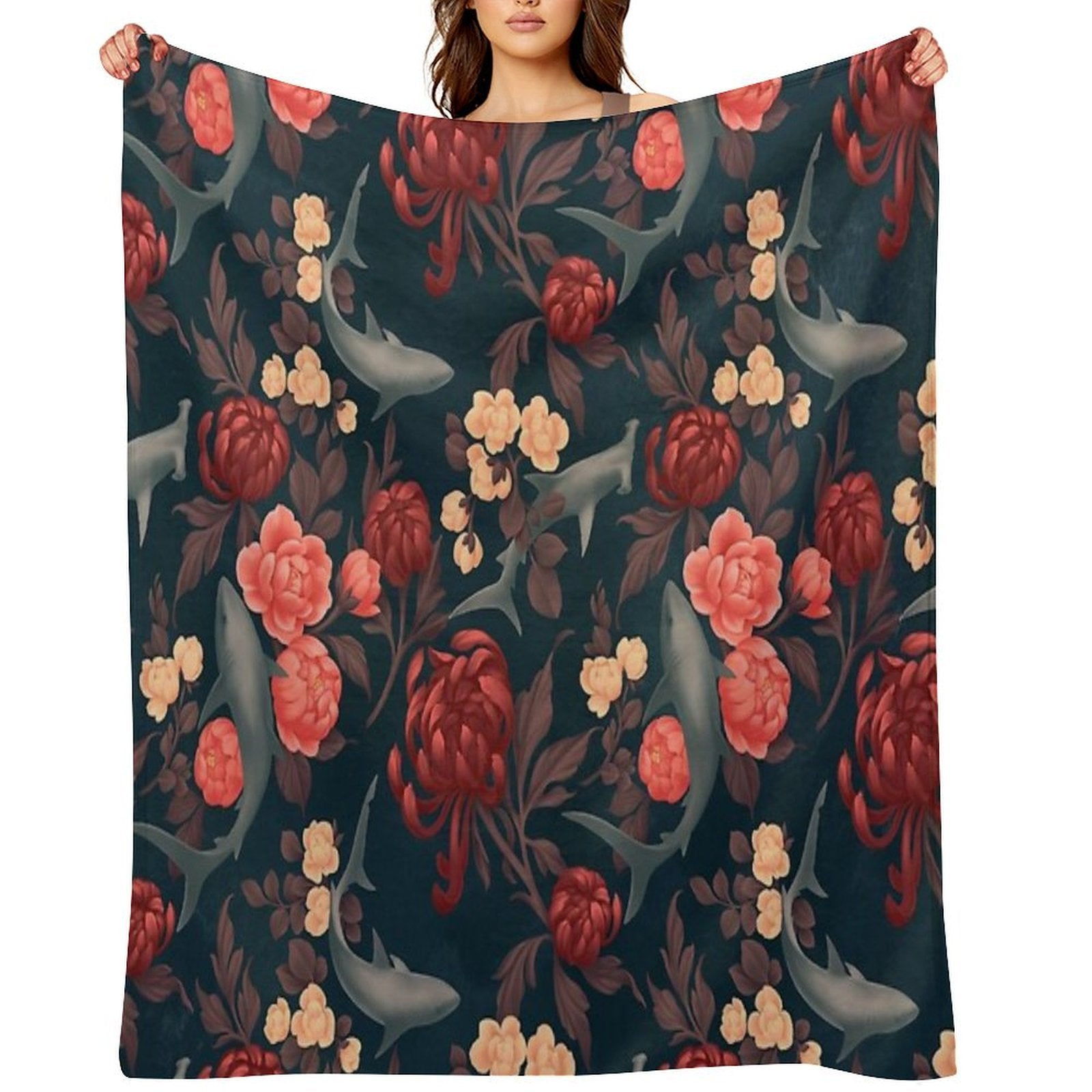 Botanical Shark (Red And Blue) Quick-dry Throw Blanket
