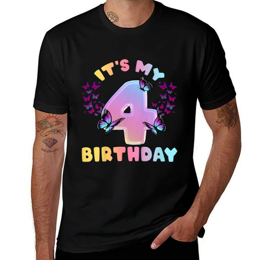 Kids Birthday Girl 4 Year Old, Butterflies, It&#39;s My 4th Birthday  Tagless Design T-Shirt