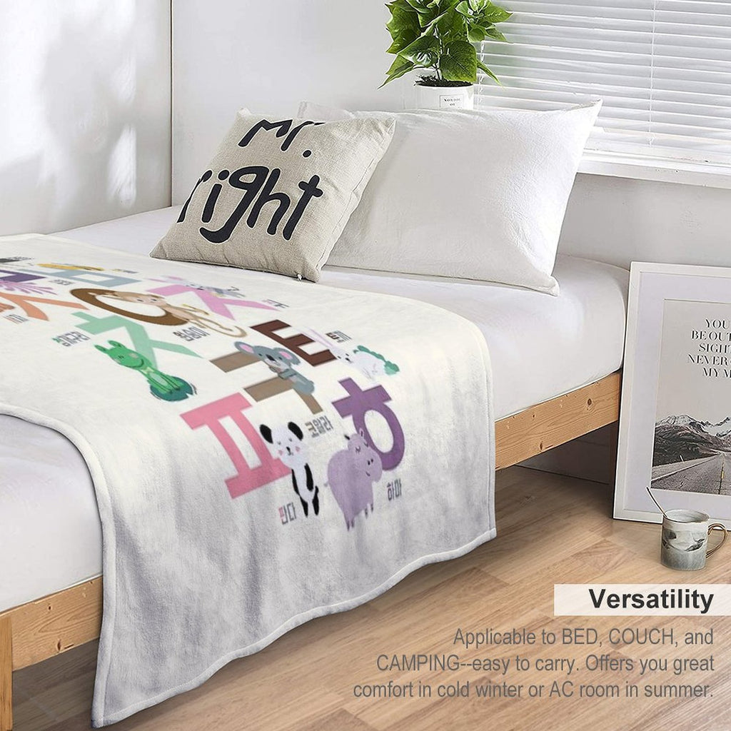 Korean Alphabet, Learning Hangul, Handdrawn Animal Illustrations Versatility Throw Blanket