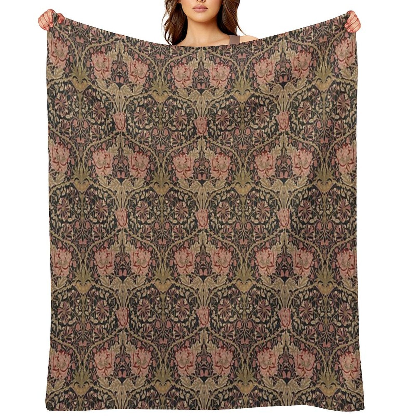 Honeysuckle Trellis Rich Black William Morris Pattern Compact Throw Blanket