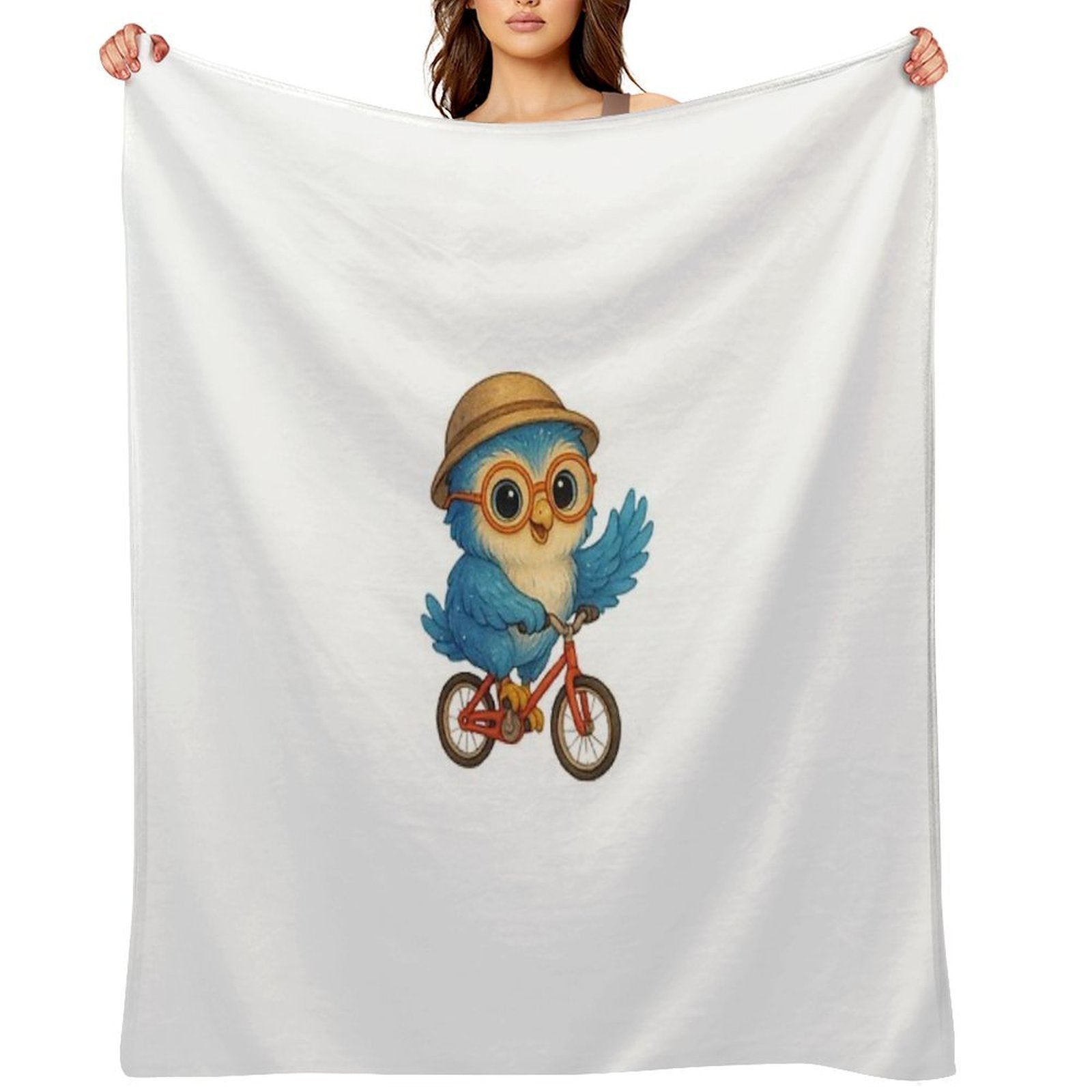 Cute Blue Owl Riding A Bicycle – Kawaii Cartoon Animal Adventure Sustainable Throw Blanket