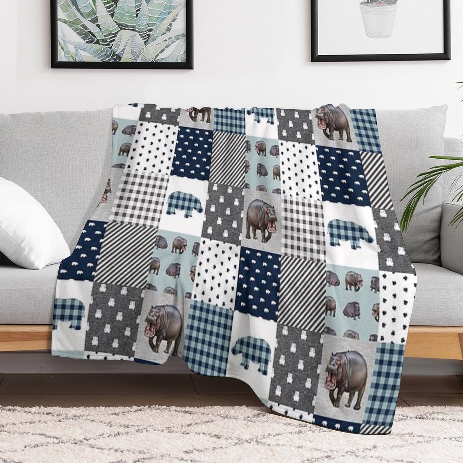 Hippo Animal Plaid Durable Throw Blanket