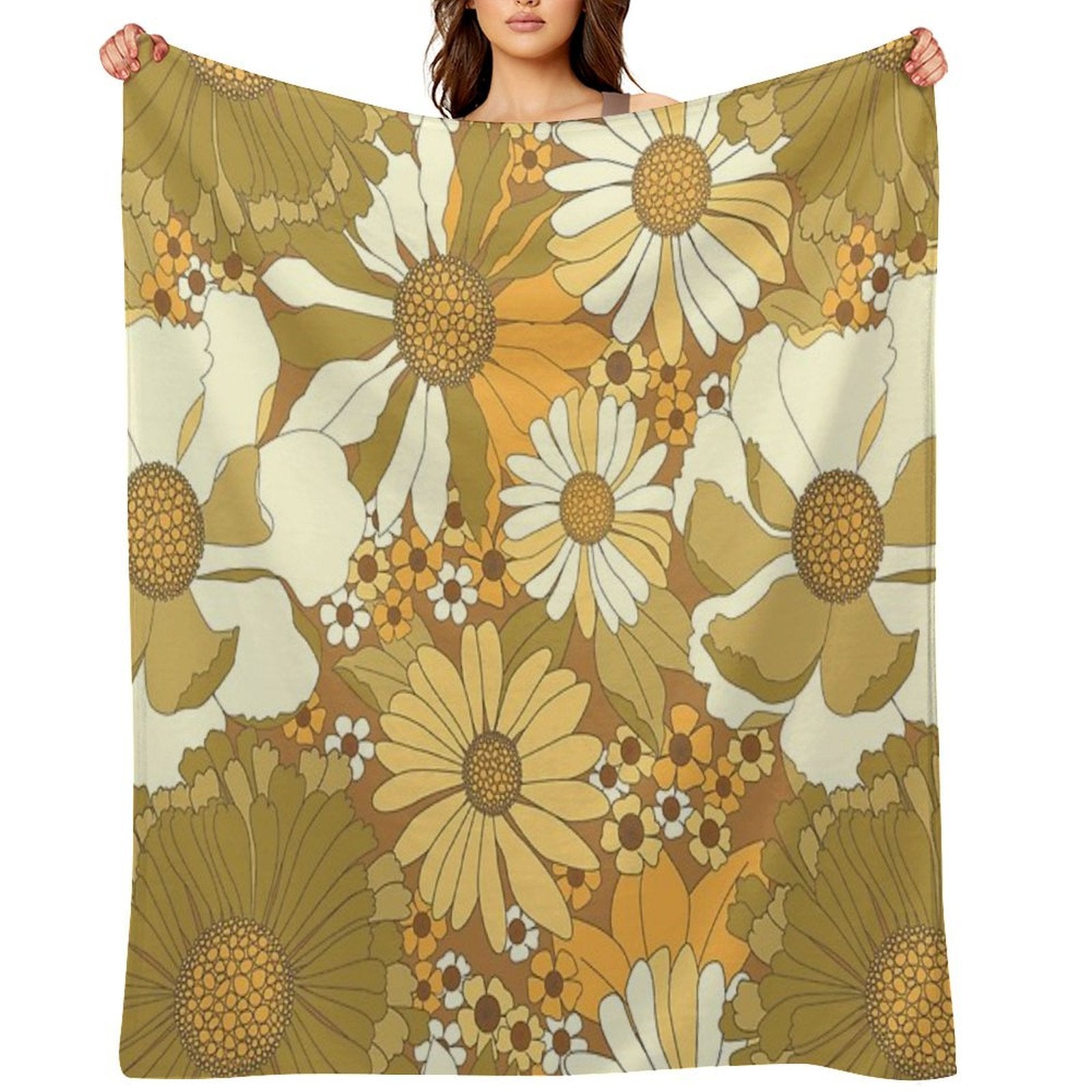 Brown, Orange, Ivory & Green Vintage Flower Pattern Durable Throw Blanket