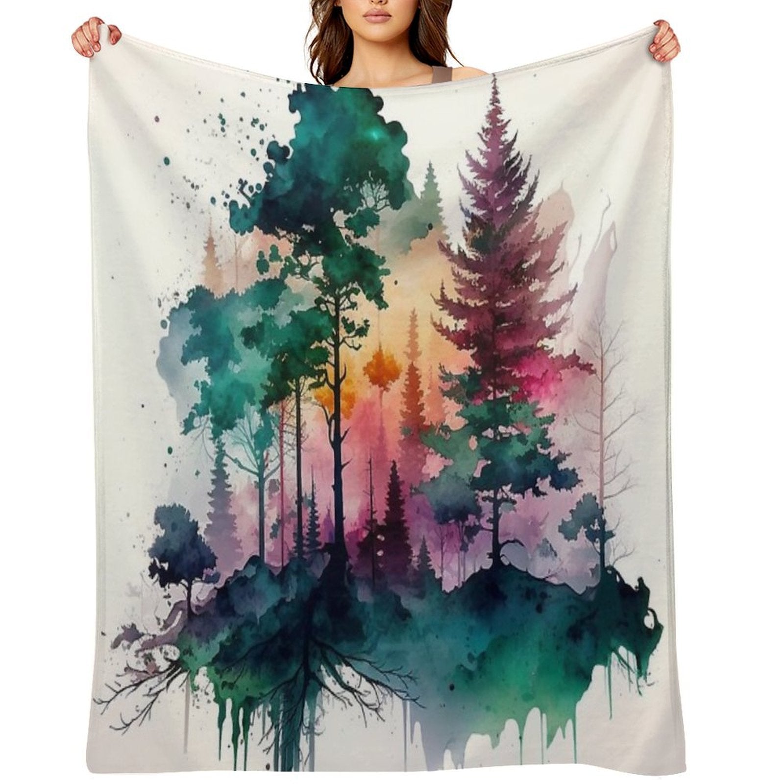 Colorful Forest Watercolor Painting Sustainable Throw Blanket