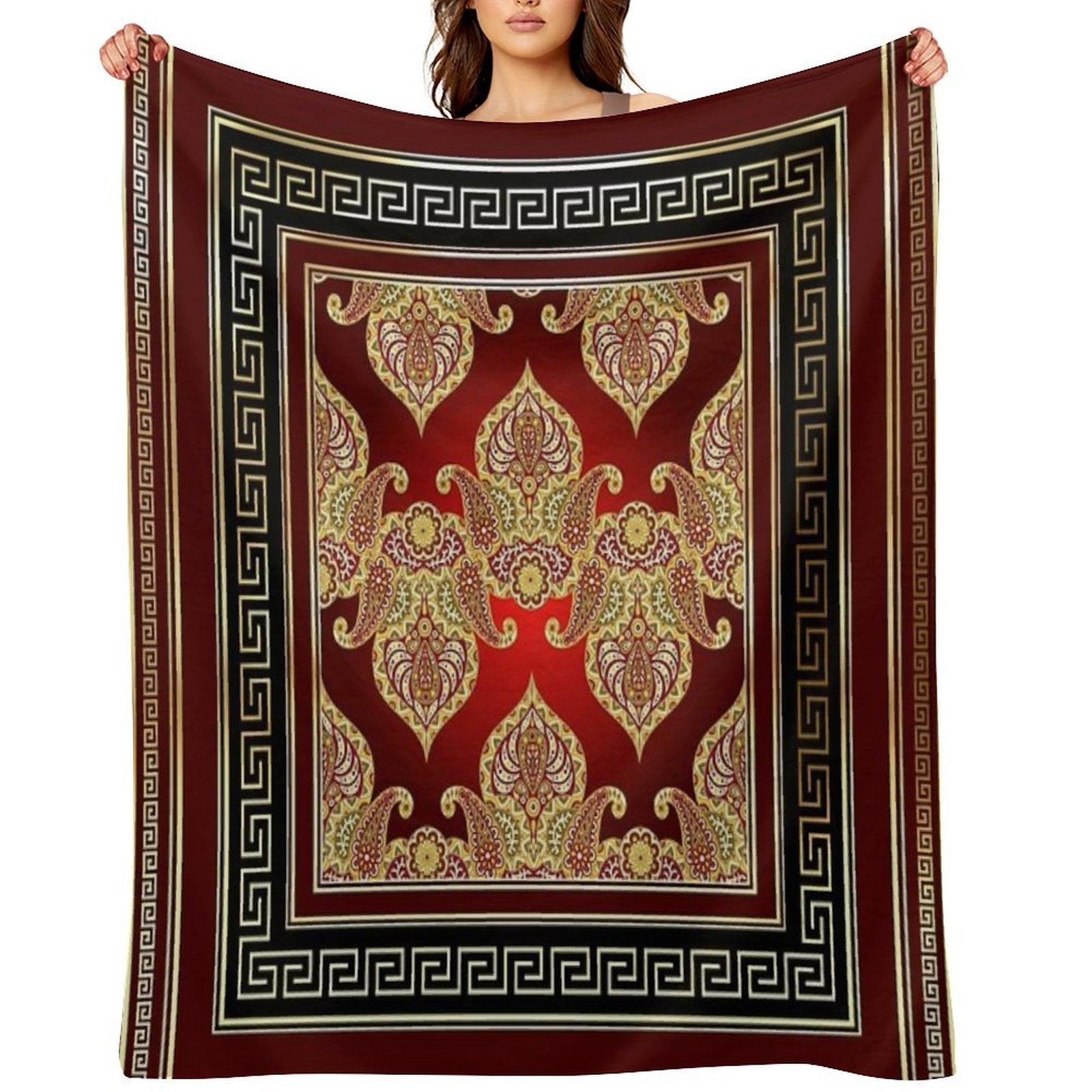Greek Key Maroon Red Gold Black Floral Paisley Lightweight Throw Blanket