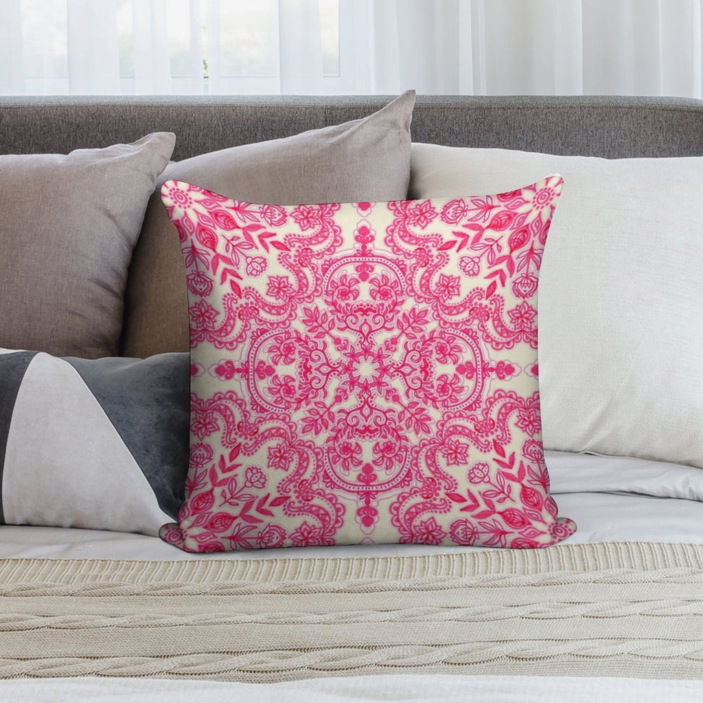 Hot Pink & Soft Cream Folk Art Pattern Soft Warmth Comfort Throw Pillow