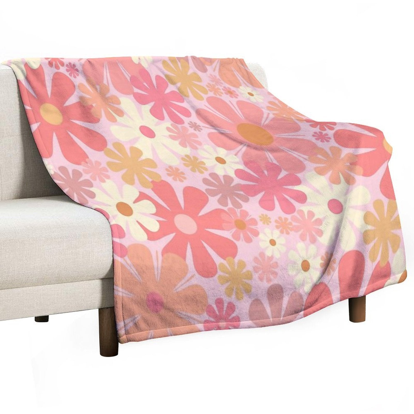 Vintage 60s 70s Flowers Retro Floral Pattern in Blush Pink And Mustard Tones Shrink-resistant Throw Blanket