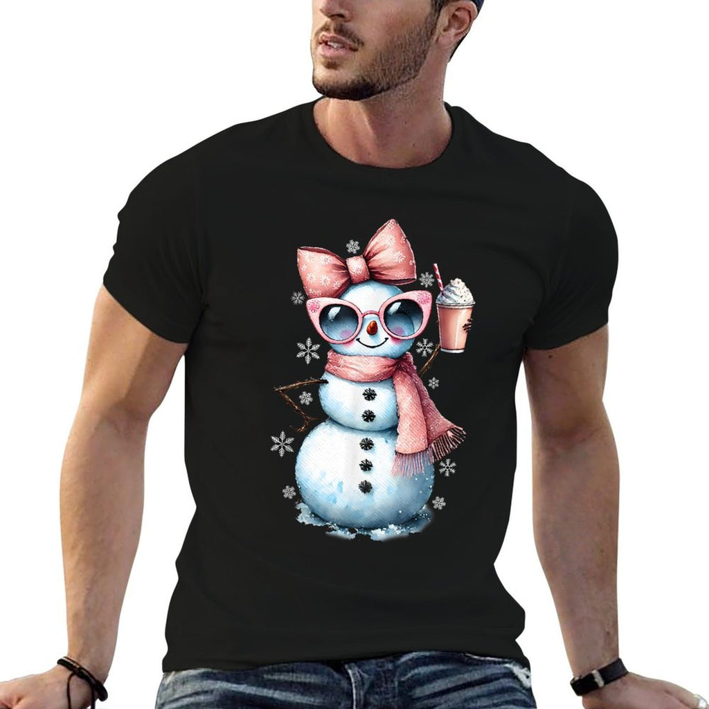 Xmas Snowman Drinking Hot Chocolate Bougie Women Christmas  Oversized Silhouette T-Shirt