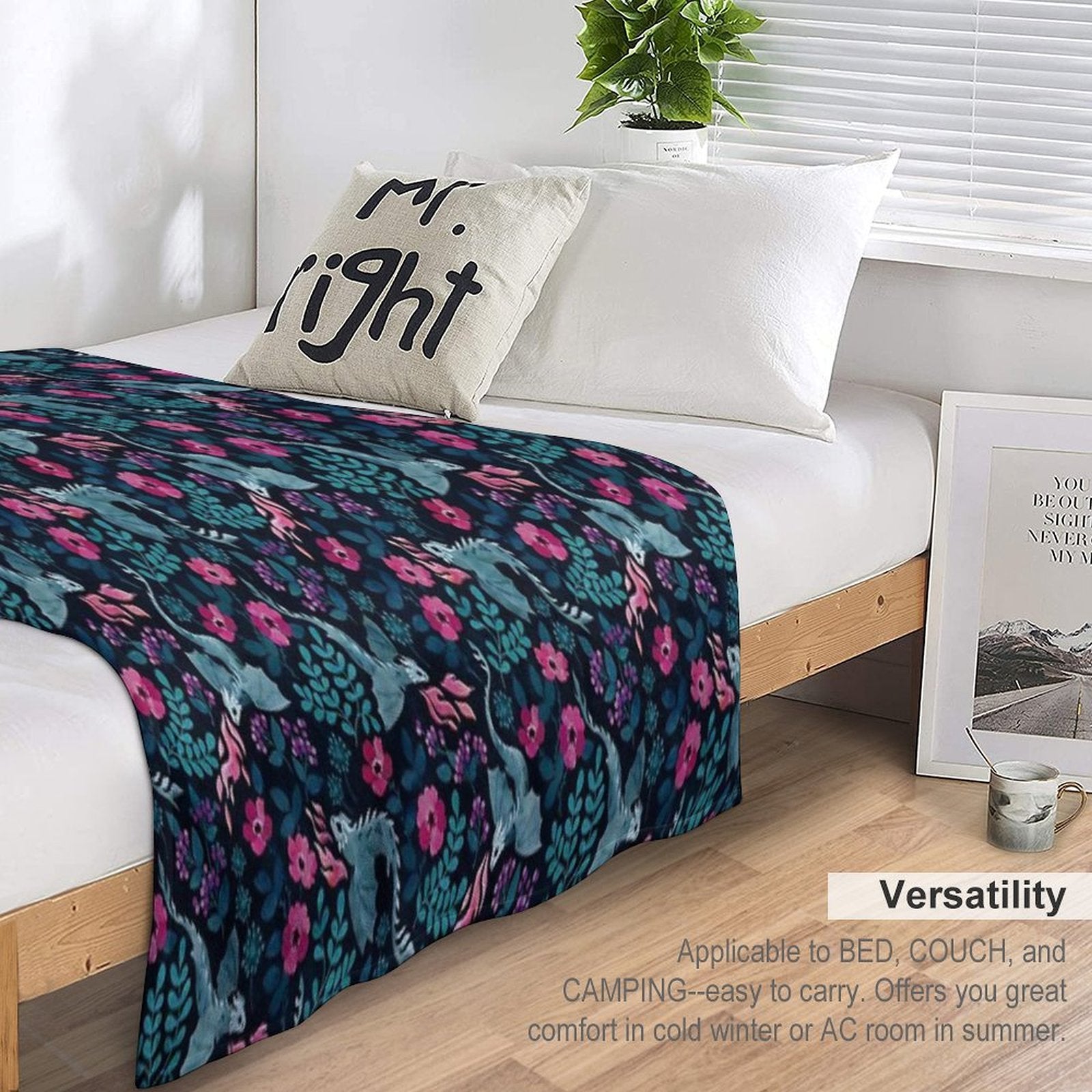 Dragons Floral in Dark Jewel Tones Machine-washable Throw Blanket
