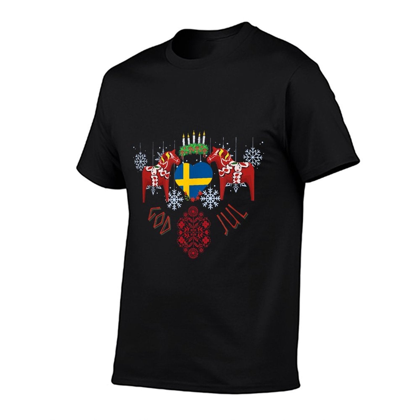 God Jol Sweden Flag Swedish Dala Horse Christmas Santa Lucia  Eco-friendly Material T-Shirt