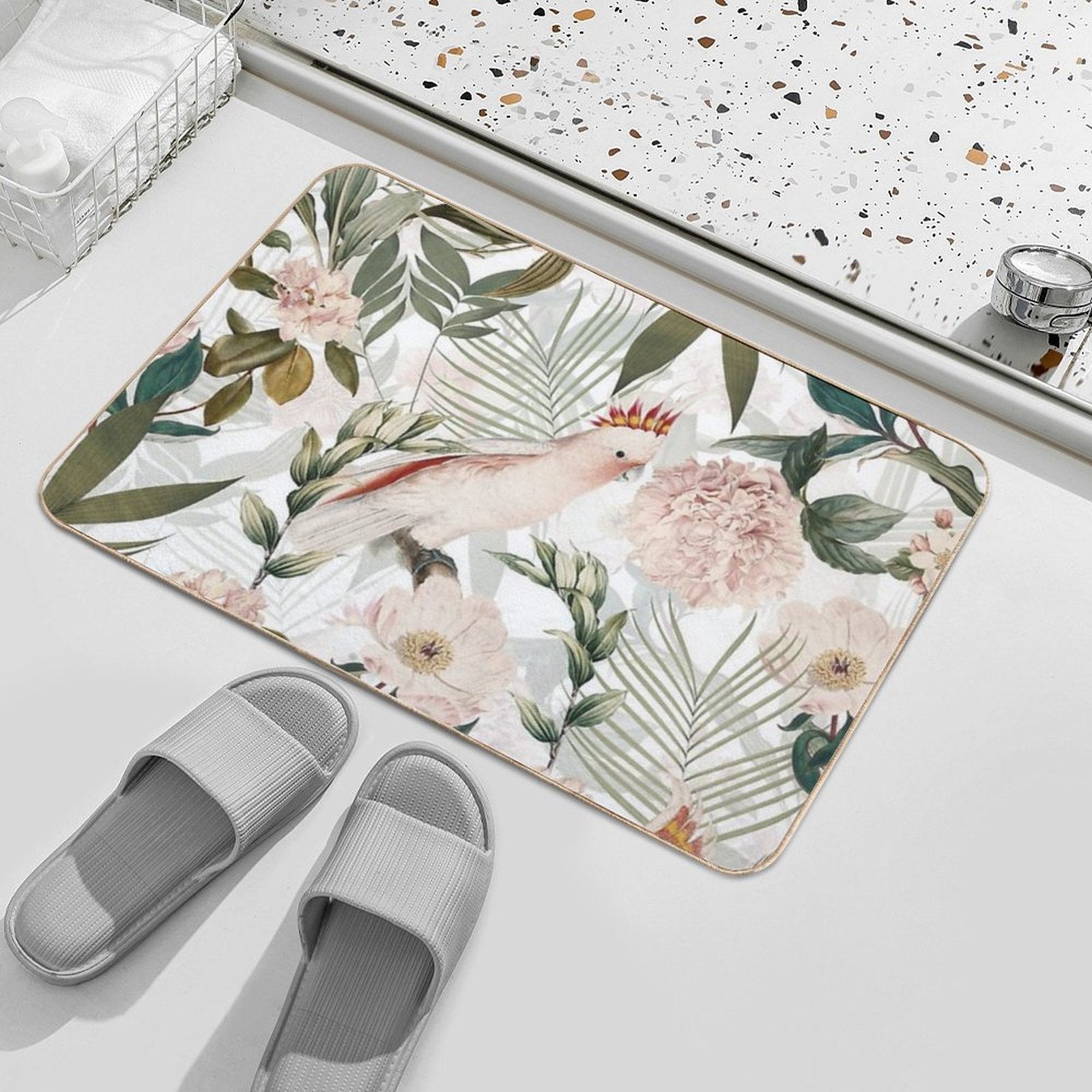 Tropical Cockatoo And Jungle Botanical Garden Pattern - White  Non-Slip Bath Mat