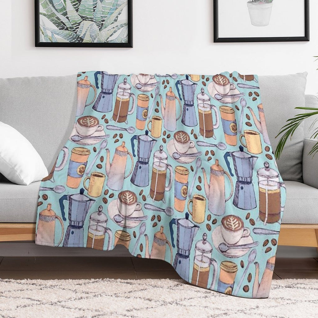 Coffee Love on Blue Shrink-resistant Throw Blanket