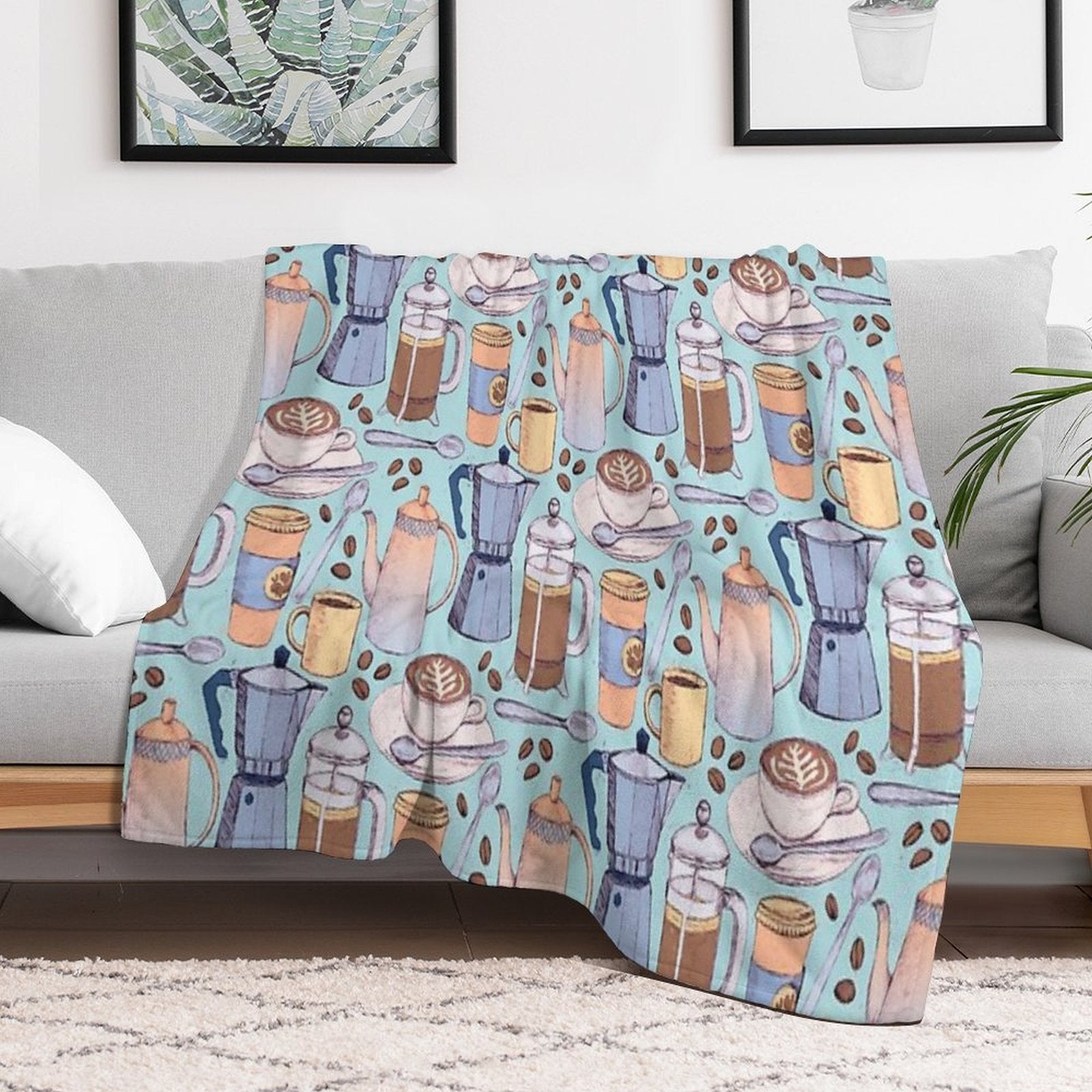 Coffee Love on Blue Shrink-resistant Throw Blanket