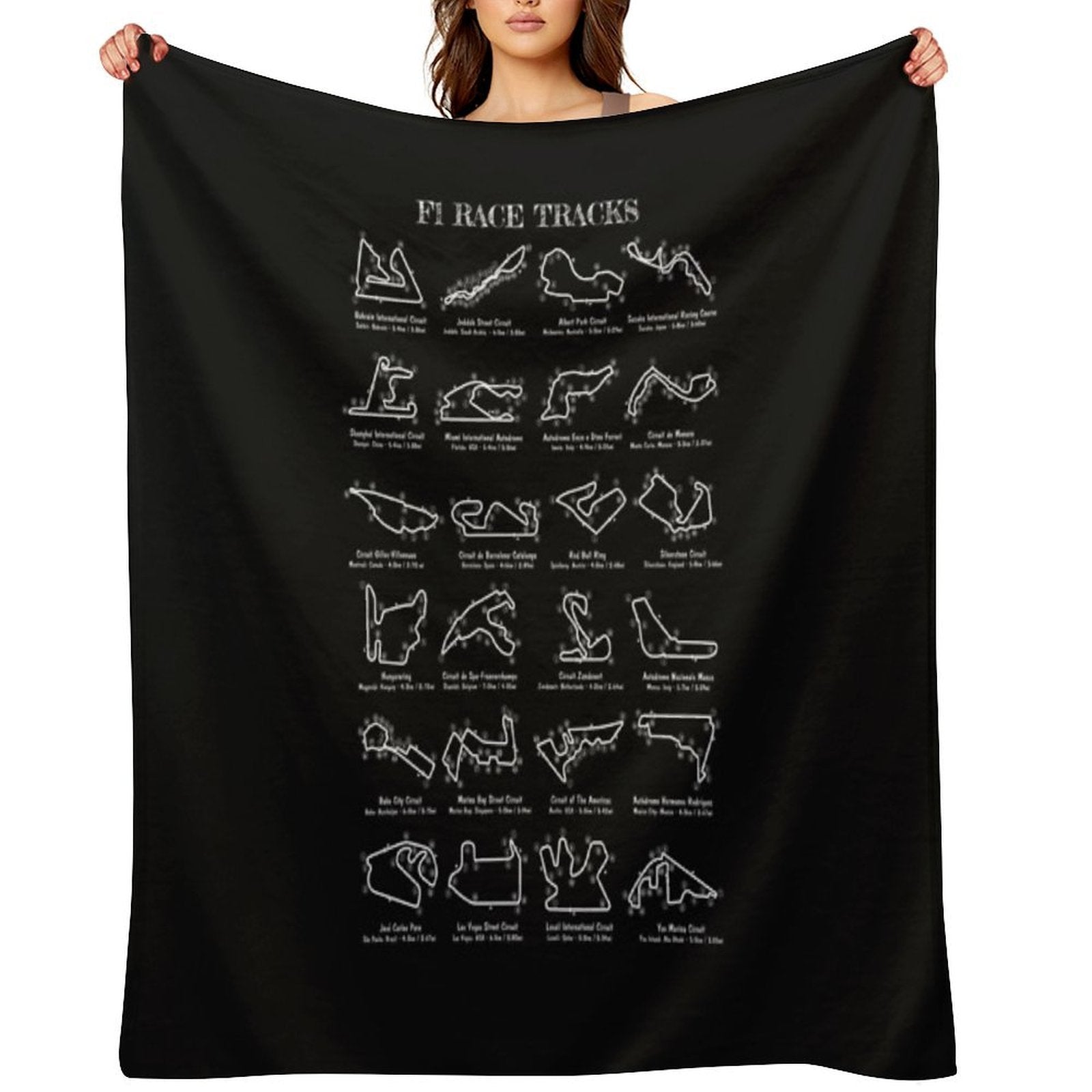 F-1 Race Tracks  Vertical (White Stencil - No Background) Gift-ready Throw Blanket