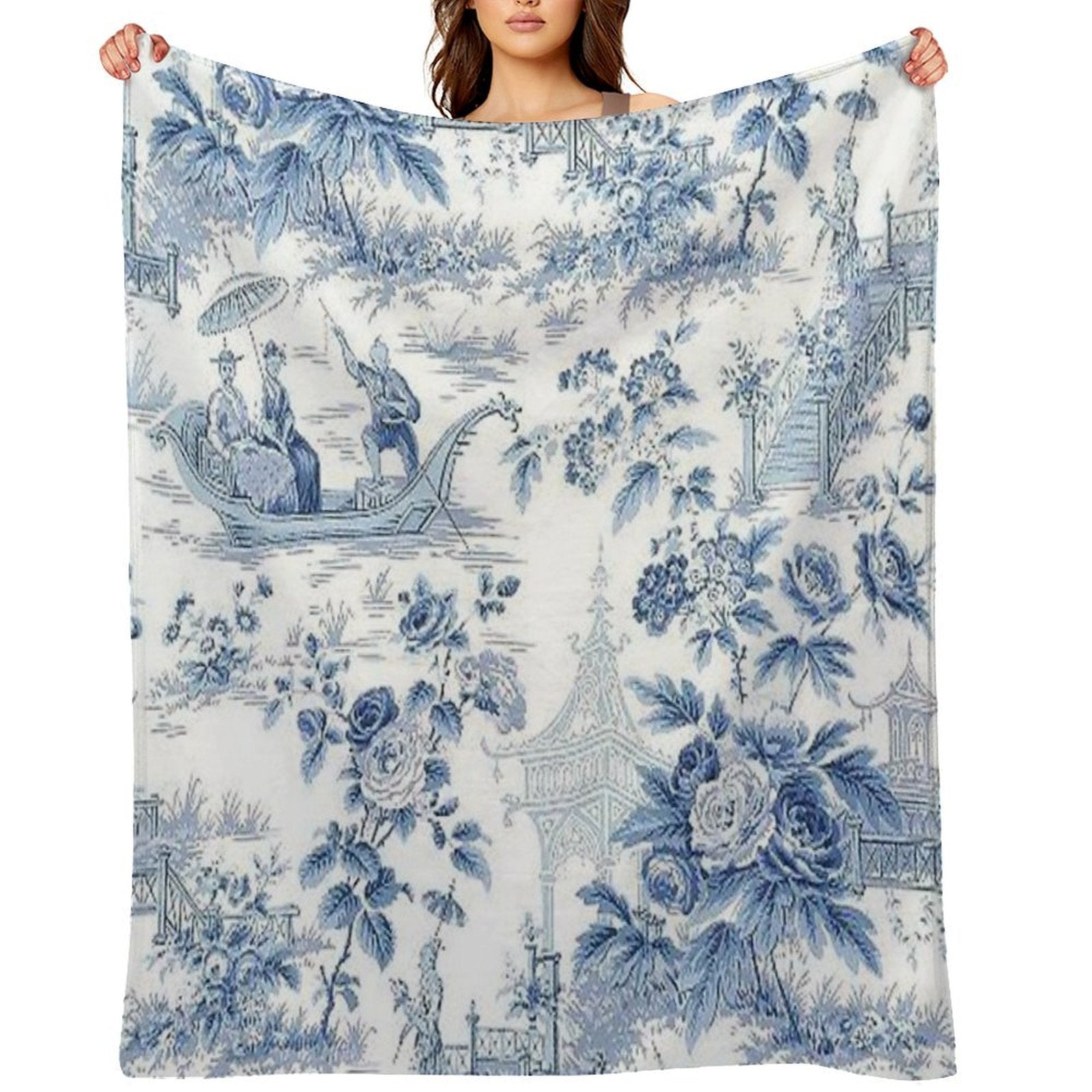 Powder Blue Chinoiserie Toile Shrink-resistant Throw Blanket