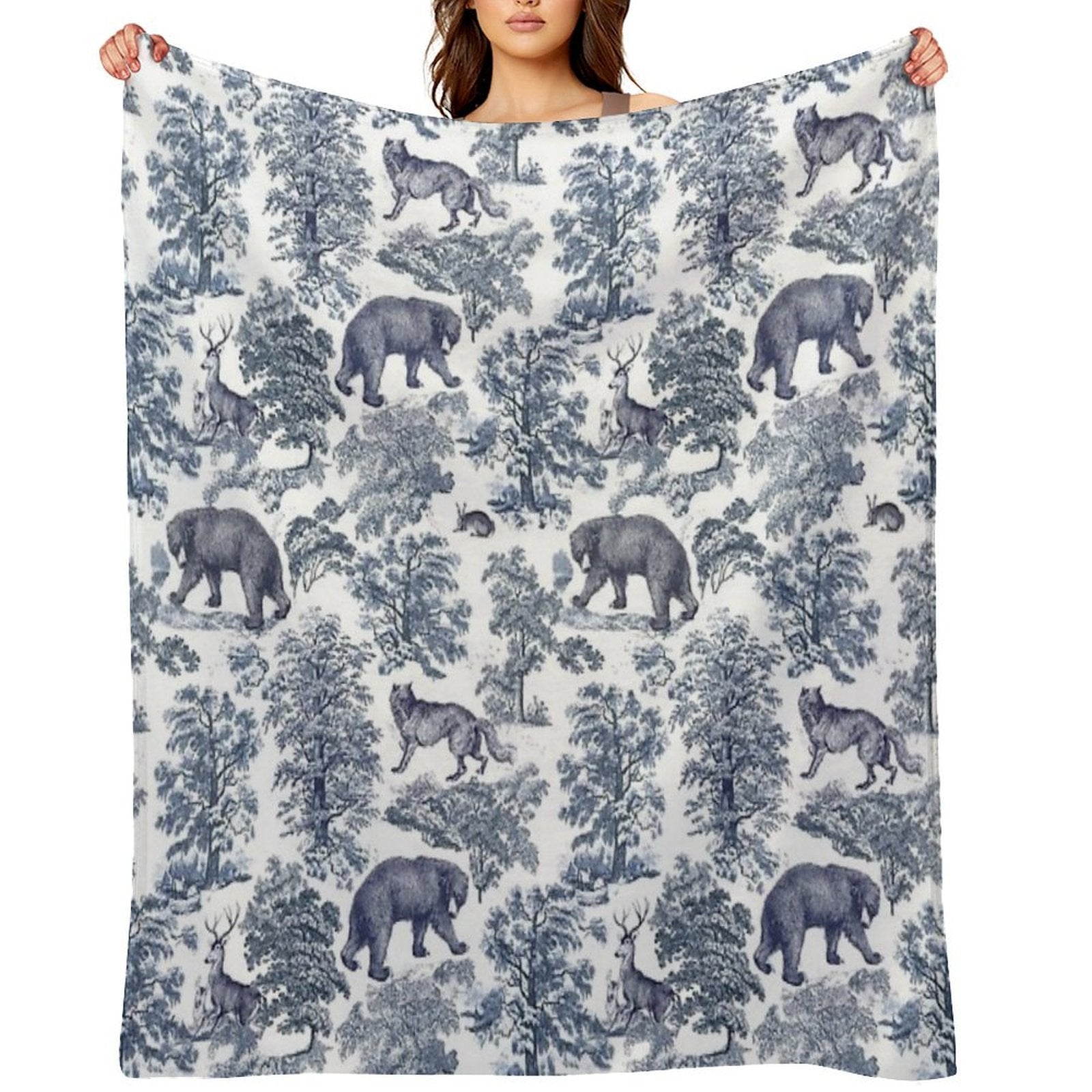 Elegant Vintage Blue Bear Forest Animals Toile Pattern Travel-friendly Throw Blanket