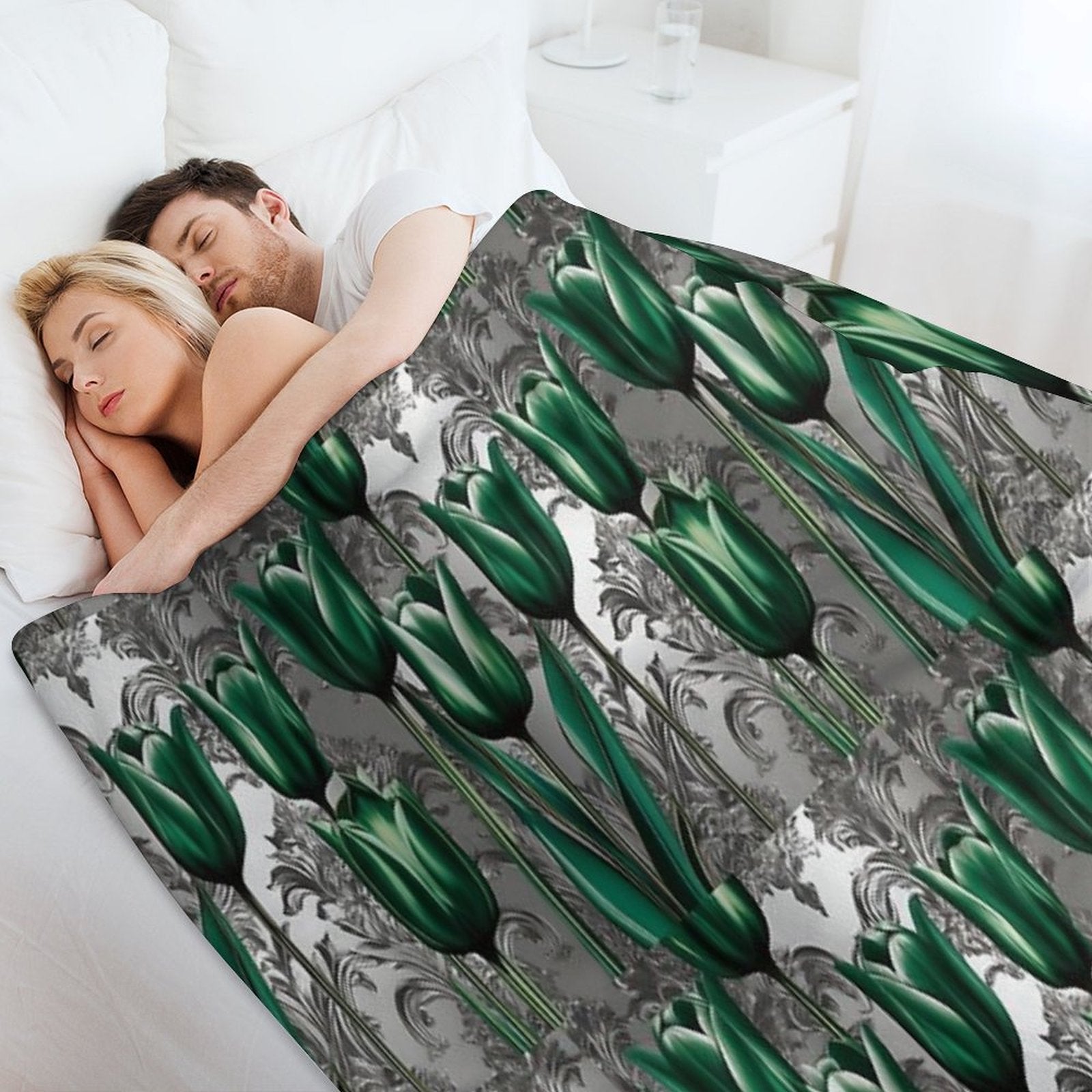 Emerald Green Tulips with Silver Baroque Compact Throw Blanket