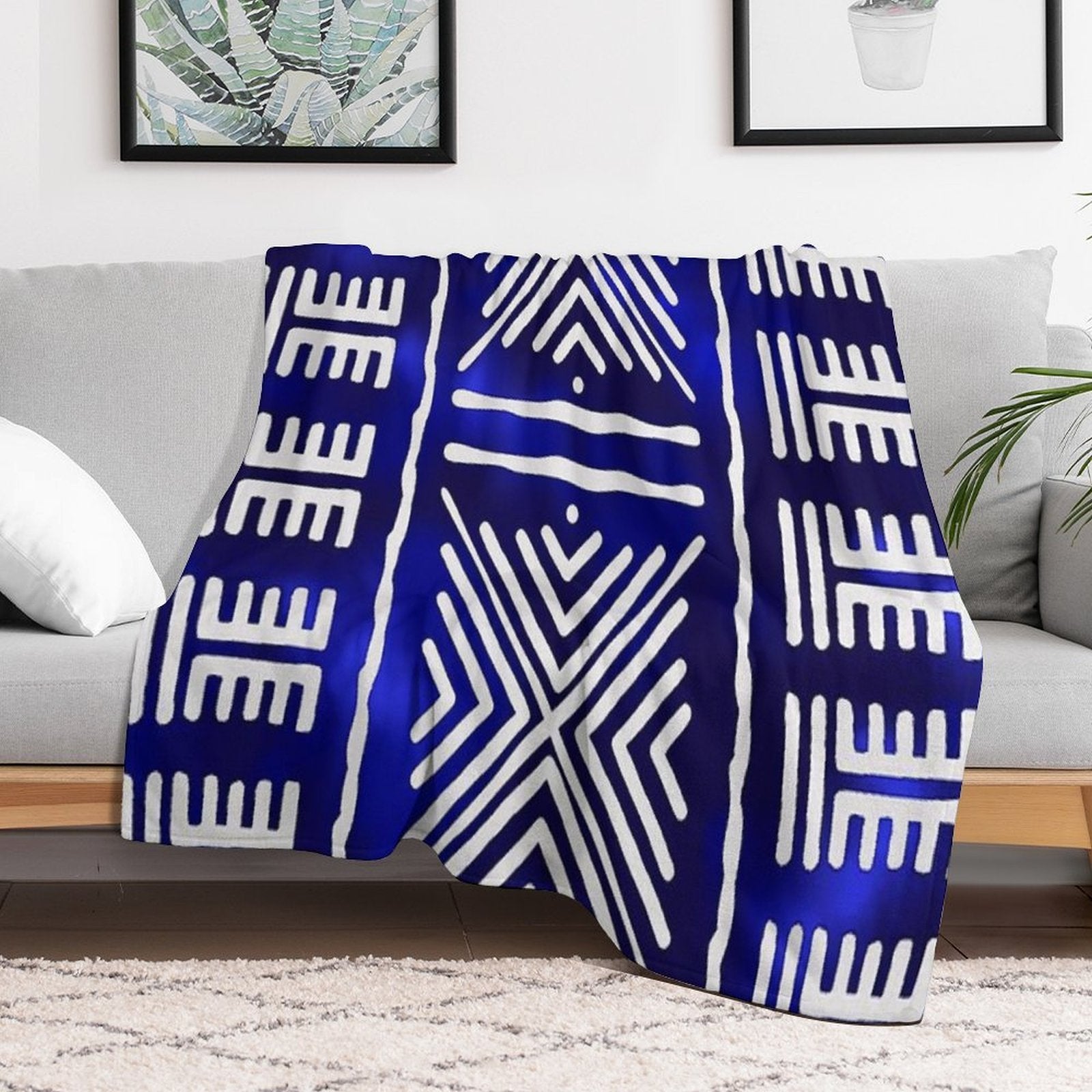 Blue African Mud Cloth Design Lightweight Throw Blanket