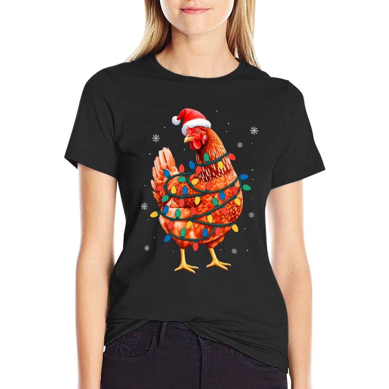 Chicken Christmas Tree Lights Farm Animal Santa Xmas Pajamas  Slim-fit Cut T-Shirt