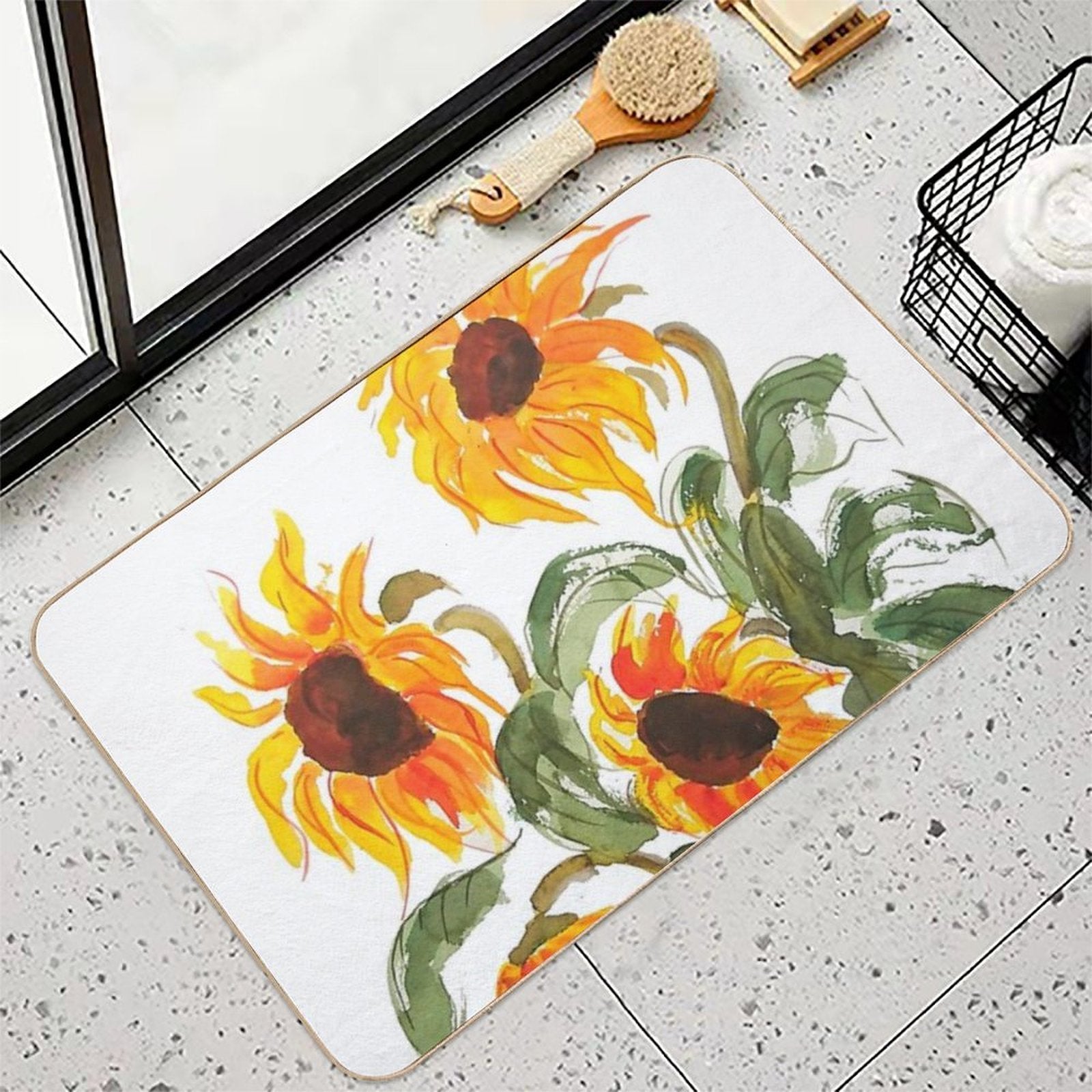 Hand Painted Sunflower Watercolor 2018  Easy Maintenance Bath Mat