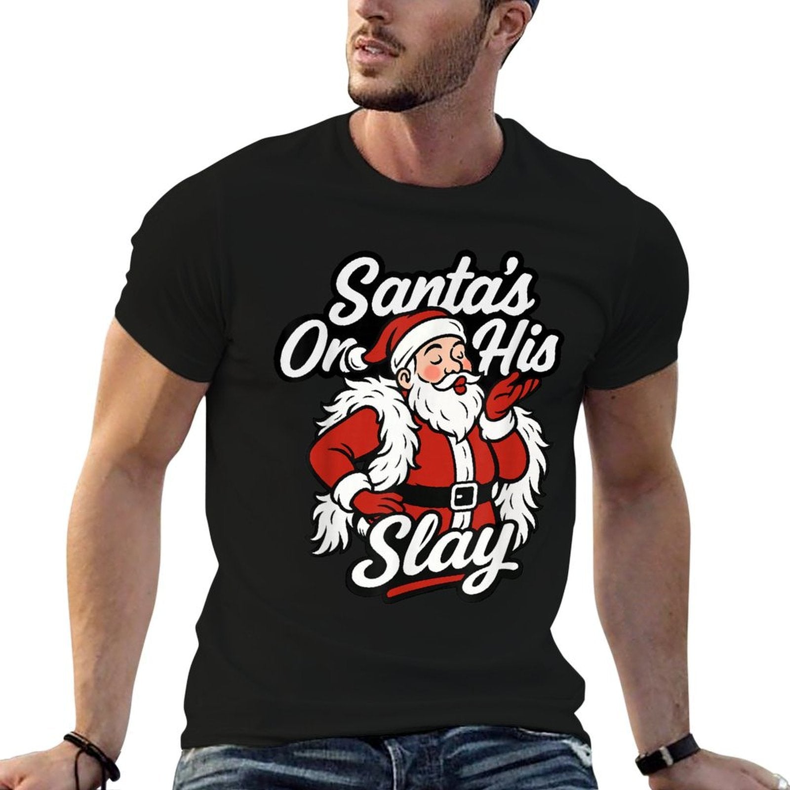 Santa On His Slay Christmas Season Party  Rolled Sleeves T-Shirt