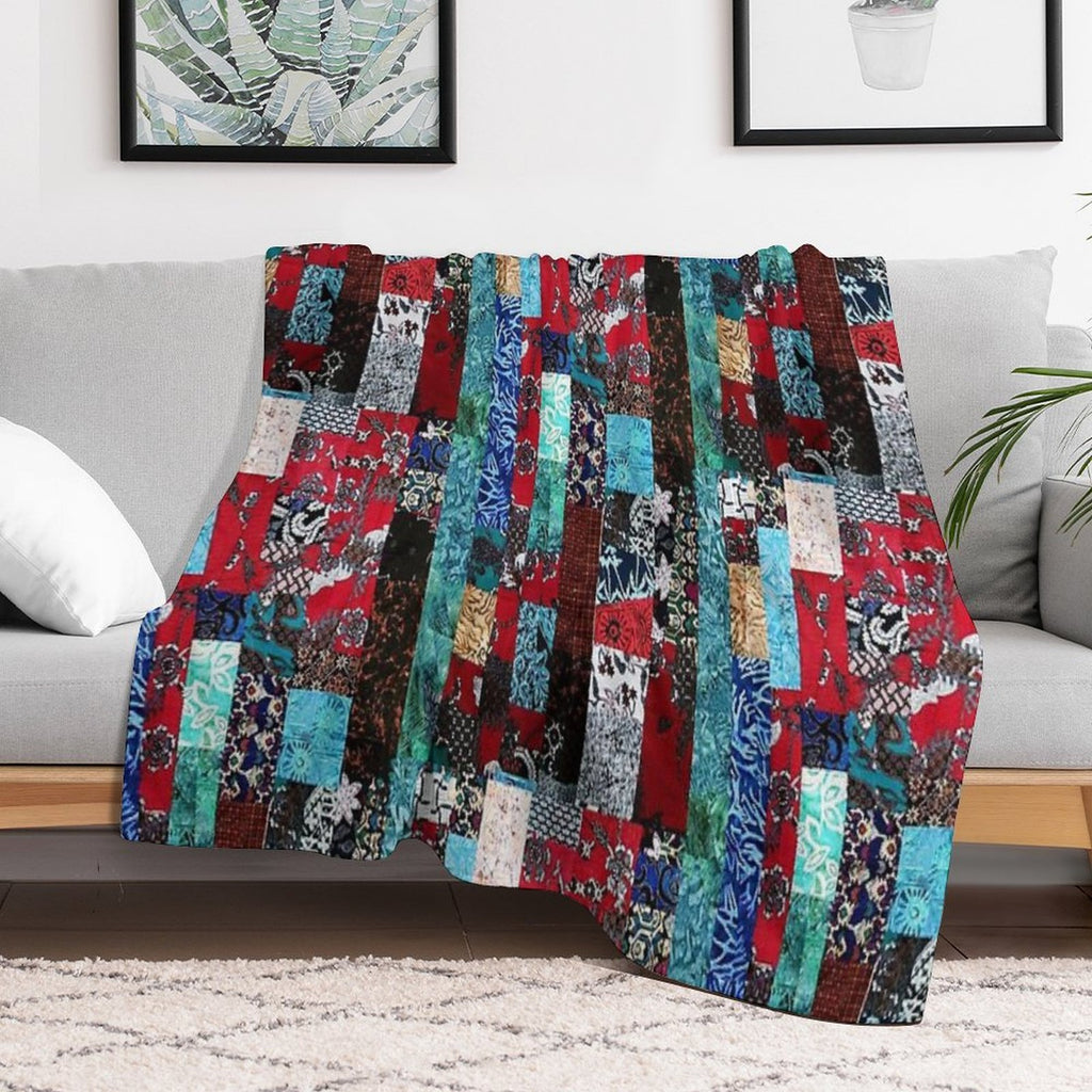 Indonesian Batik Patchwork Red Blue Tone Eco-conscious Throw Blanket