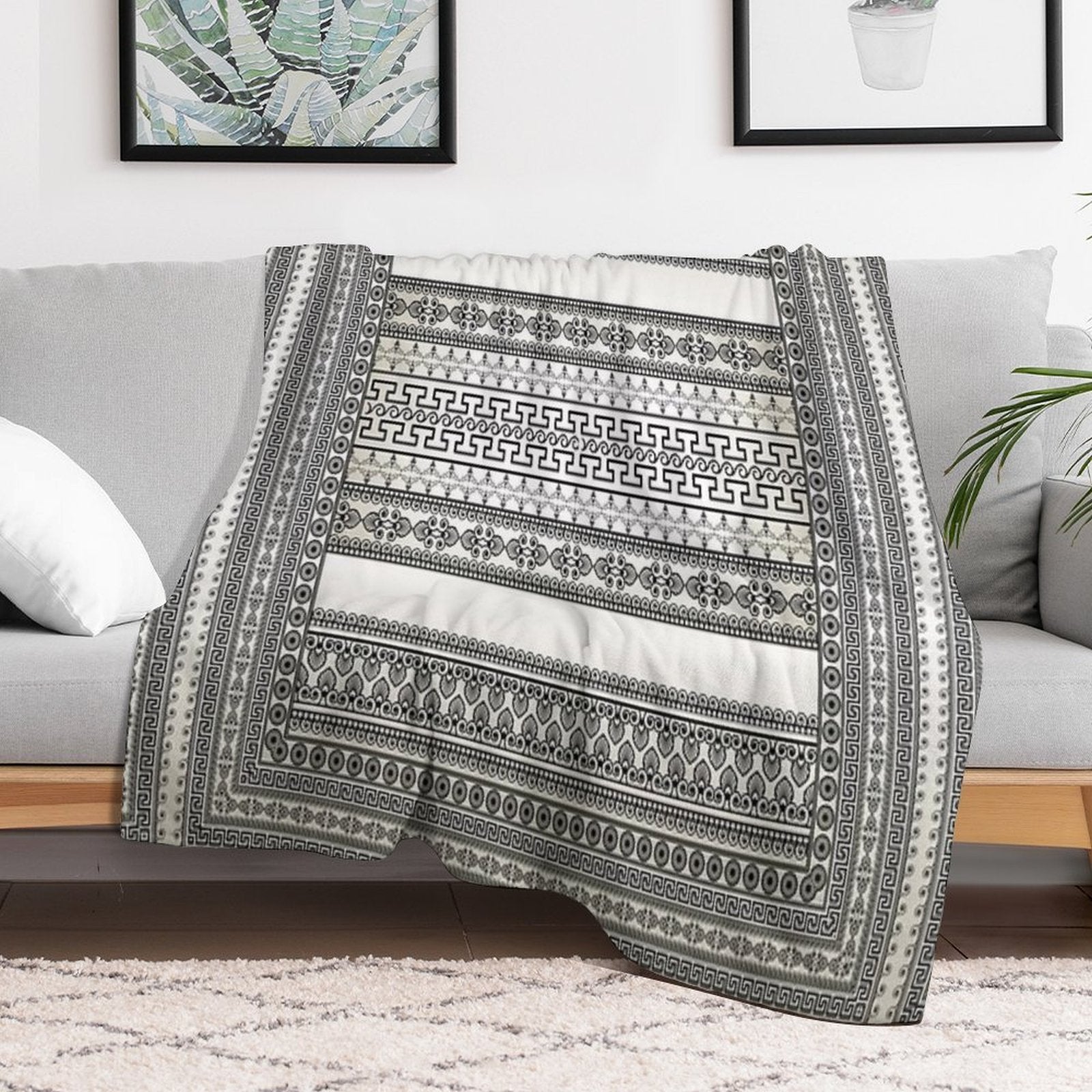Greek Key Border Cream White Black Floral Premium Throw Blanket