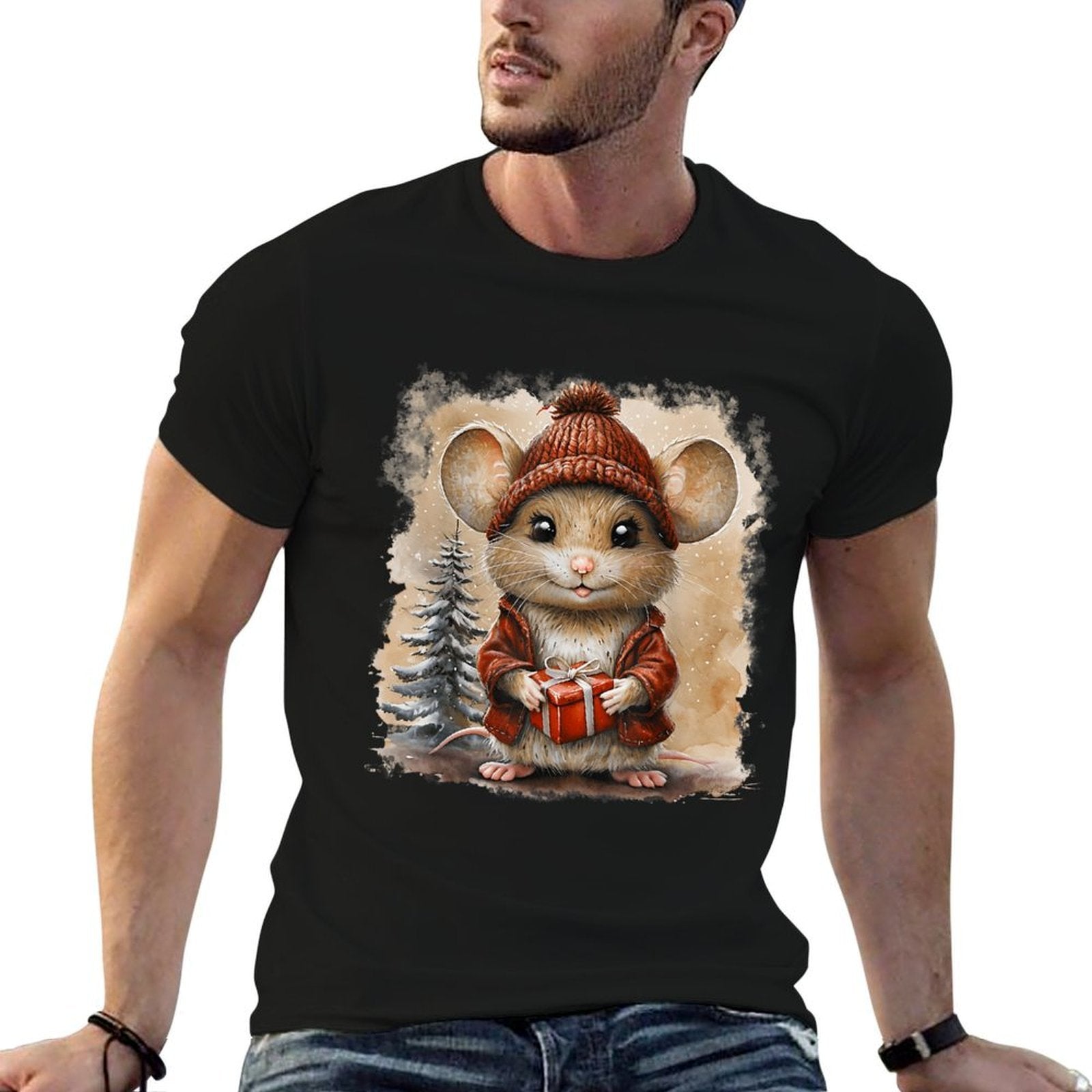 Cute Mouse Christmas Mouse Wearing Santa Hat Matching Pajama  Relaxed-fit T-Shirt