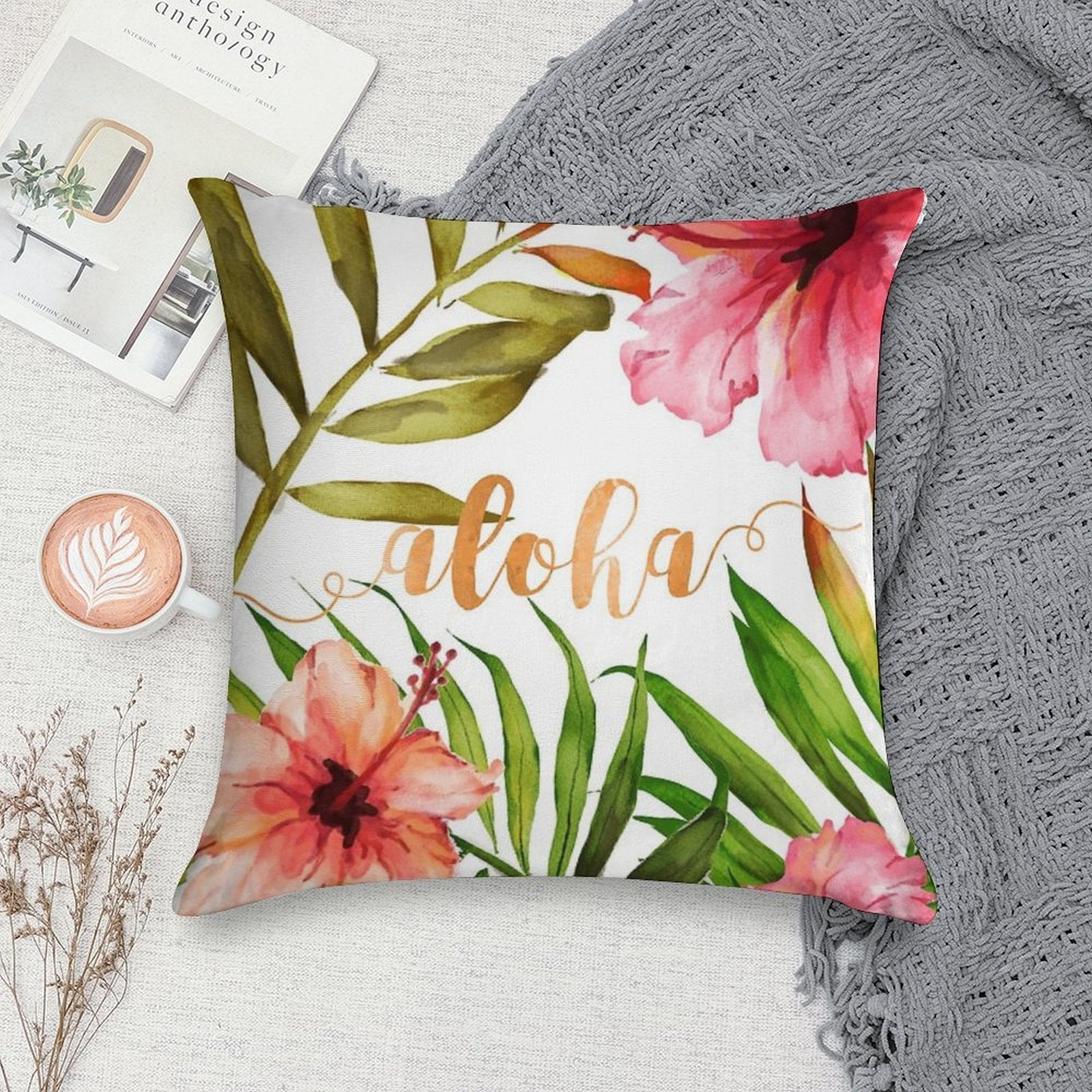 Aloha Tropical Hawaiian Floral Watercolor Soft Luxury Feel Throw Pillow