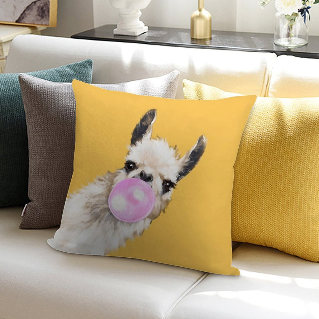 Bubble Gum Sneaky Llama in Mustard Yellow Soft Home Decor Throw Pillow